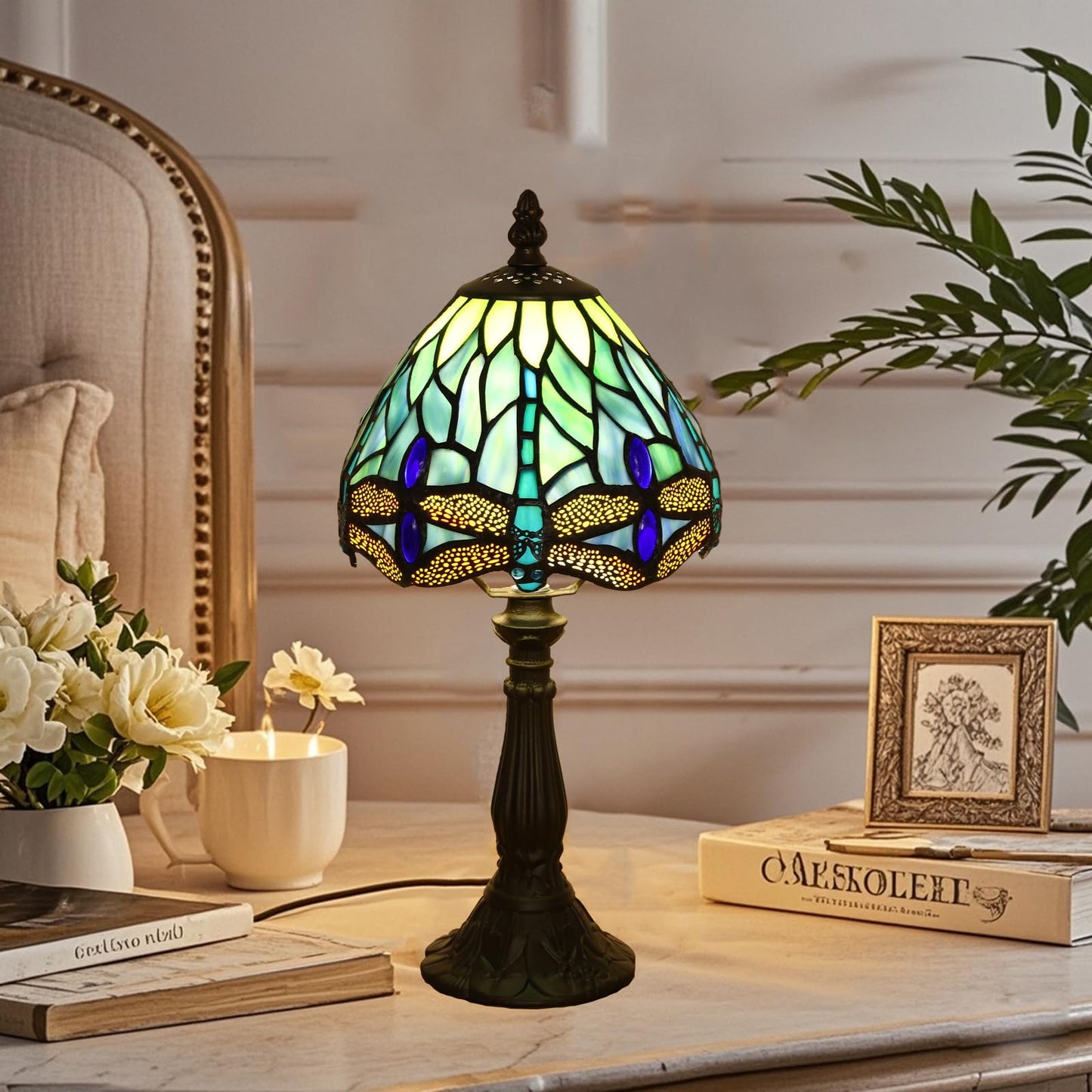 KALOUFUL Small Tiffany Lamp 3 Color Temperature Blue Dragonfly Stained Glass Table Lamps 7X7X14 Inch Bedside Nightstand Night Light Desk Office Light for Living Room Bedroom W/LED E12 Bulb