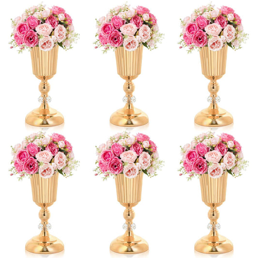 11.6 inches Metal Wedding Flower Trumpet Stripe Vases Table Centerpieces for Artificial Flower Arrangements for Anniversary Celebration/Wedding/Party/Birthday Event Aisle Home Decor (Gold, 6pcs)
