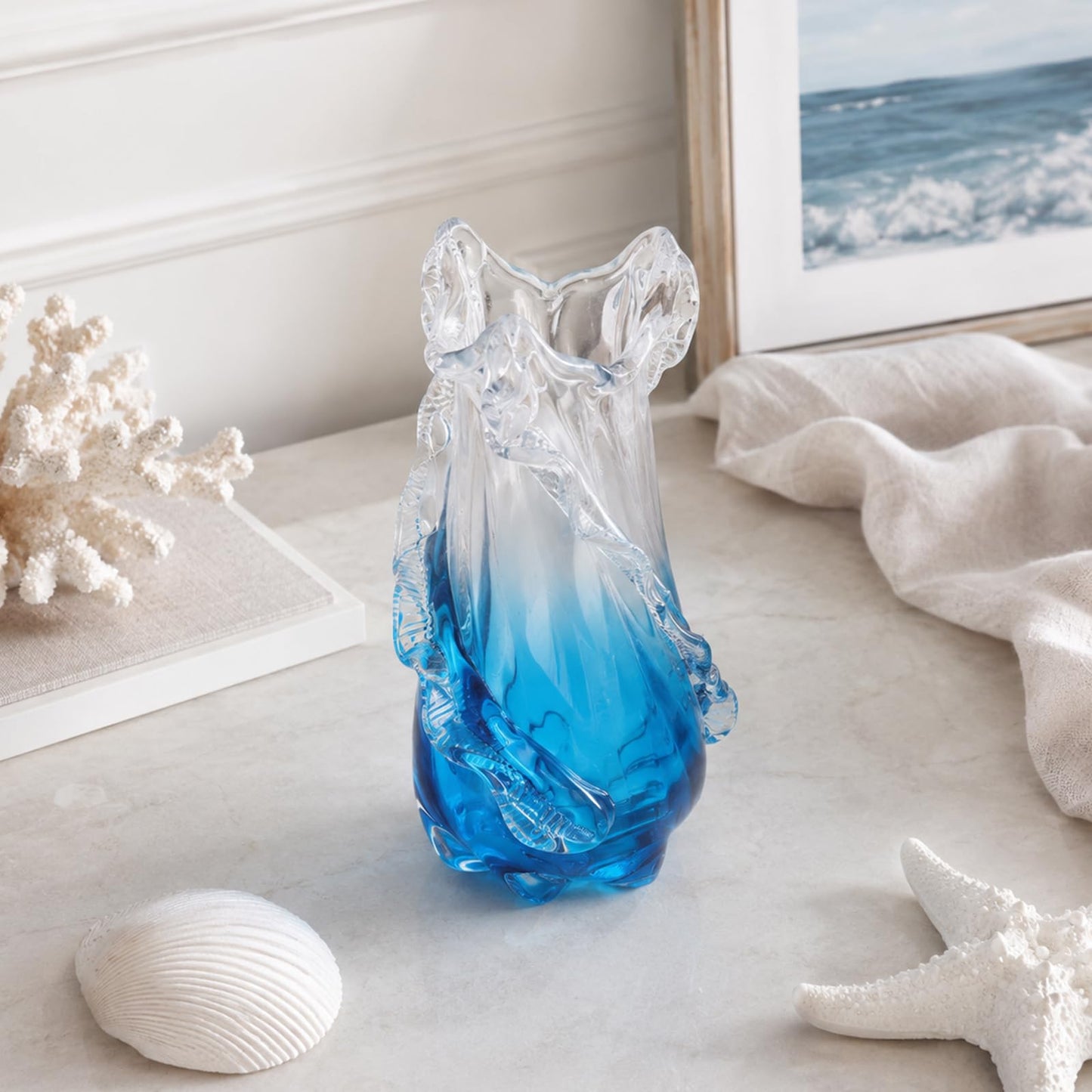 Hand Blown Blue Glass Vase, Sea Glass Ombre Wavy Coastal Vase, Murano Style Decorative Glass Vase for Home Centerpiece, Coffee Table, Living Room & Office Decor (Medium)