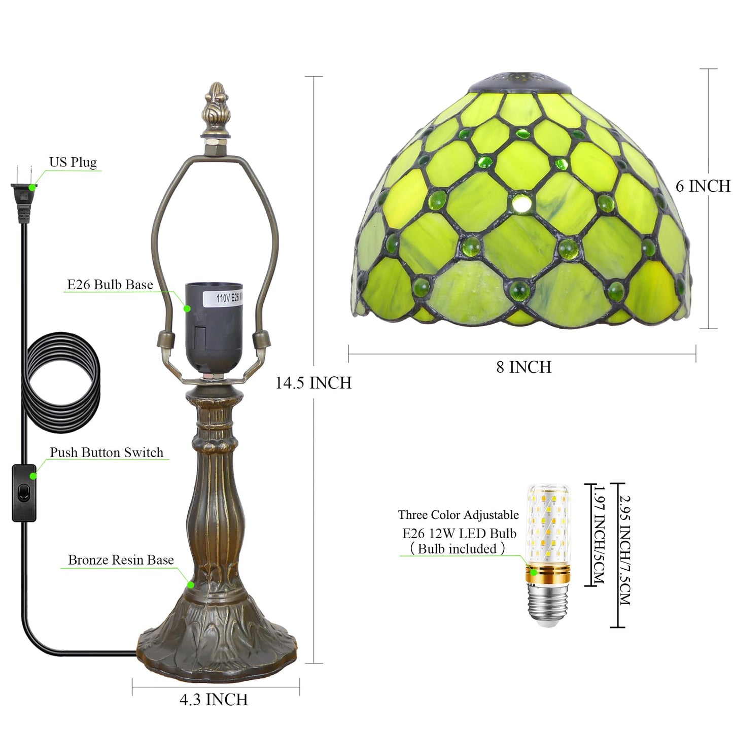 WFAYNTIFL Small Tiffany Lamp Green Yellow Pearl Style W8H14.5 Inch