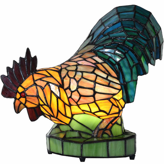 Bieye L12012 Colorful Rooster Tiffany Style Stained Glass Accent Table Lamp Night Light for Bedside Living Room Decoration (Multi-Colored, 5.75Dx13Wx12H)