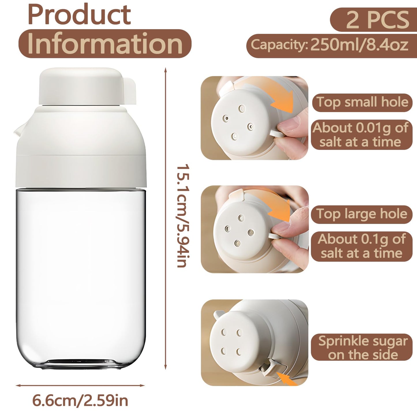 LELE LIFE 2 Pack Salt and Pepper Shaker with Side Pour Spout, 8.5oz Glass Salt and Pepper Shakers Set, Spice Shaker Sugar Dispenser Pourer Container