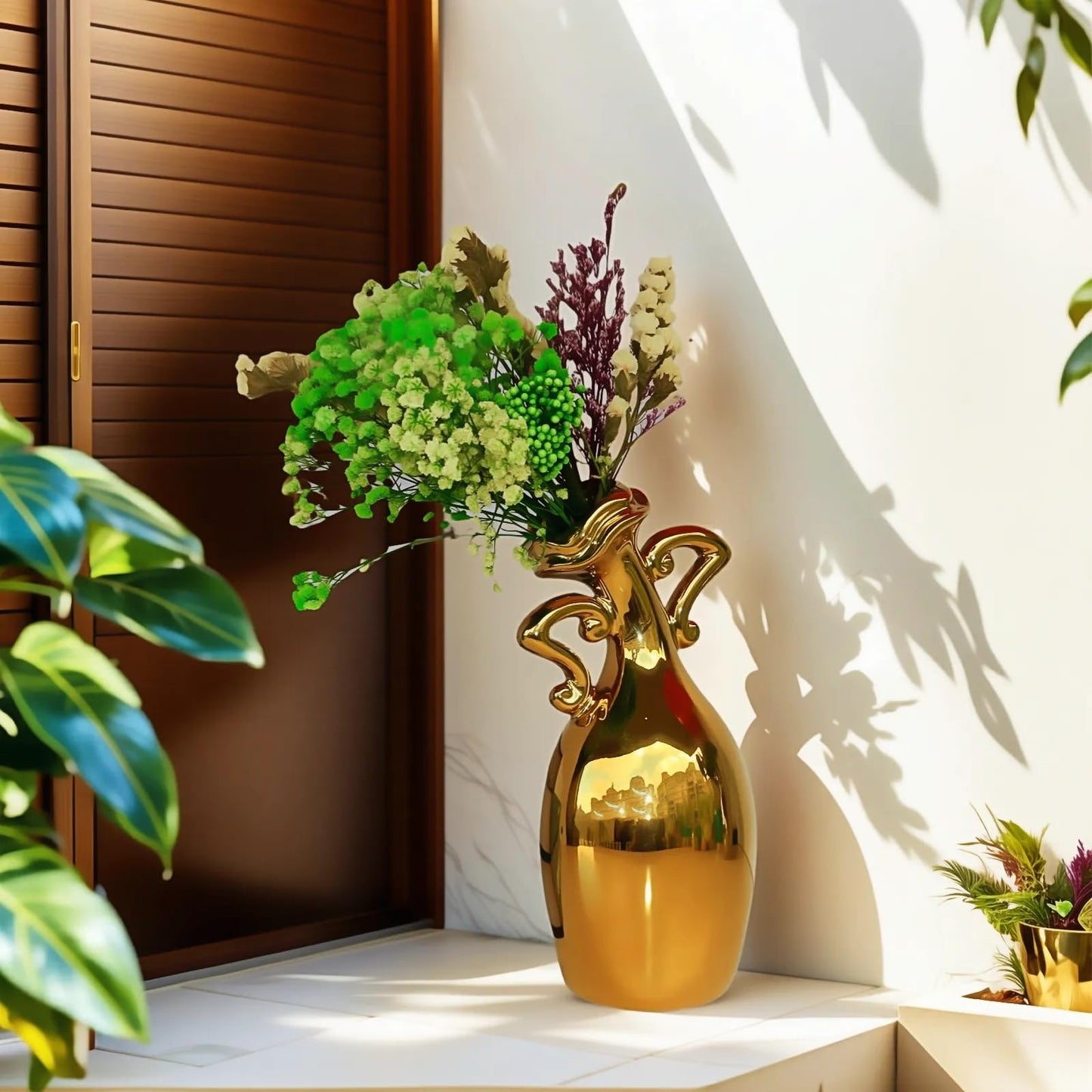 Golden Ceramic Small Necked Vase, A Novel and Cute Unique Shaped Vases, 7-Inch Modern Home Decoration Vase, Can Be Used As A Golden Home Decoration for Dining Tables, Bookcases and Desks