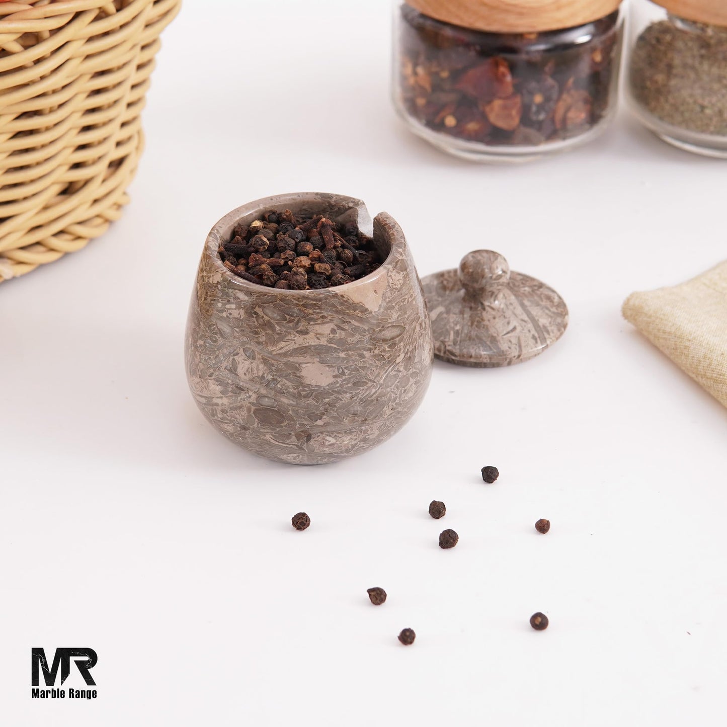 Oceanic Marble Salt Cellar – 3.5 Inch Oceanic Salt Jar with Lid, Table Salt Container, Salt Dish, Salt Holder, Spice Jar, Sugar Bowl, Seasoning Container, Salt Dispenser for Kitchen Counter Decor