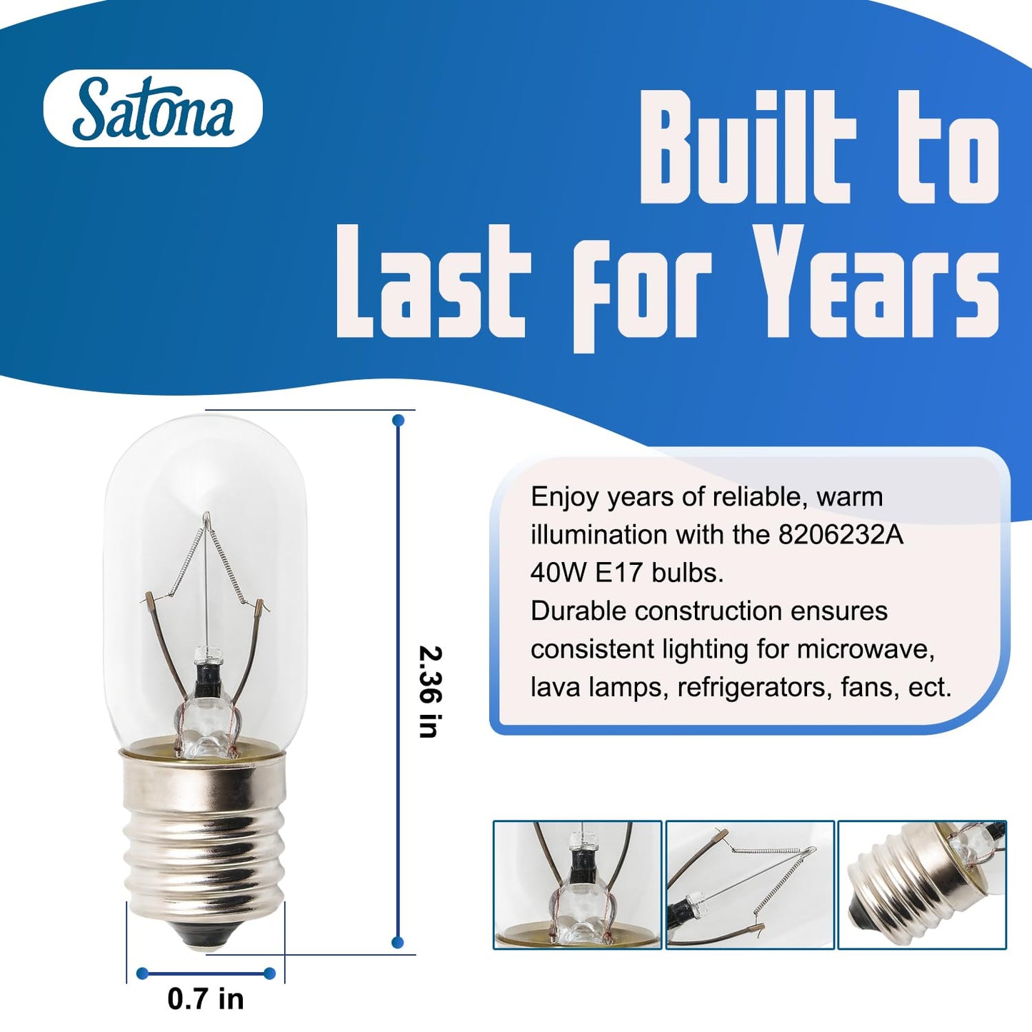 SATONA Microwave Oven Bulbs - Model 8206232A, 125V 40W E17 Base - Ideal for Under Hood, Lava Lamps, Salt Lamps - Compatible with Part Numbers 1890433, 8206232, AP4512653 (8)