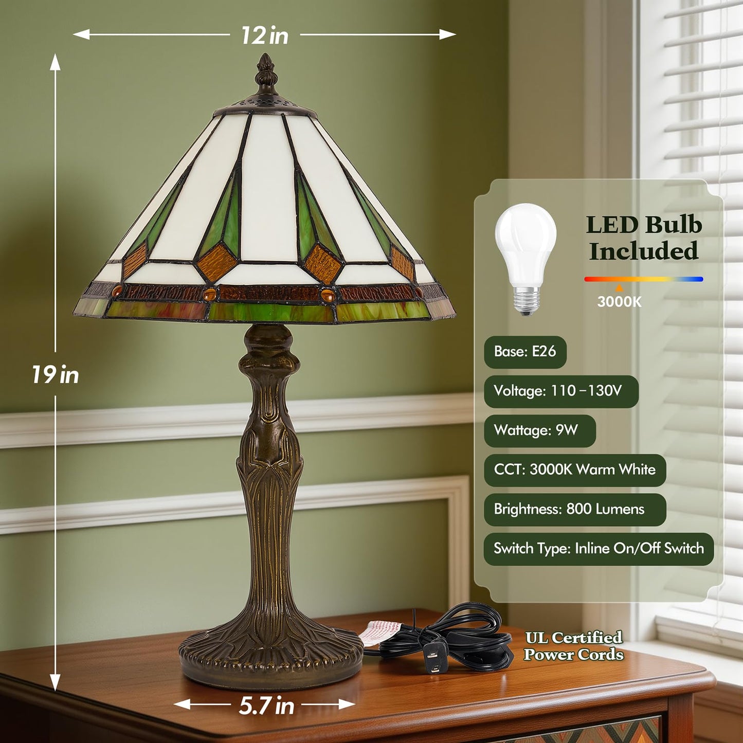 Drqvonth Tiffany Table Lamp, 12 Inch Mission Stained Glass Desk Lamp