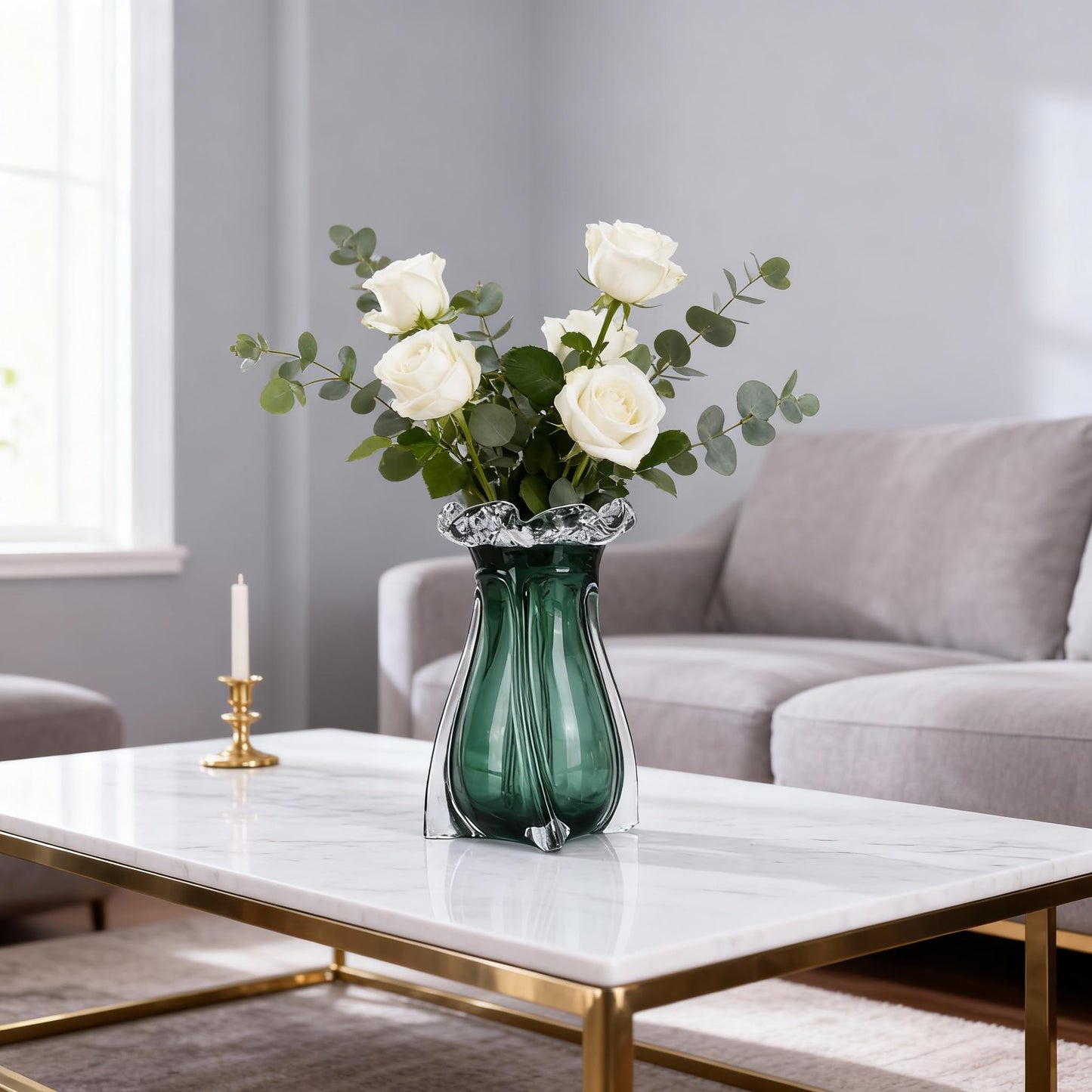 Hand Blown Glass vase, Modern Art Decorative vase, Green Glass vase Suitable for Decorating Living Room Dining Table Centers, TV cabinets, Offices, and entryway Side Tables.
