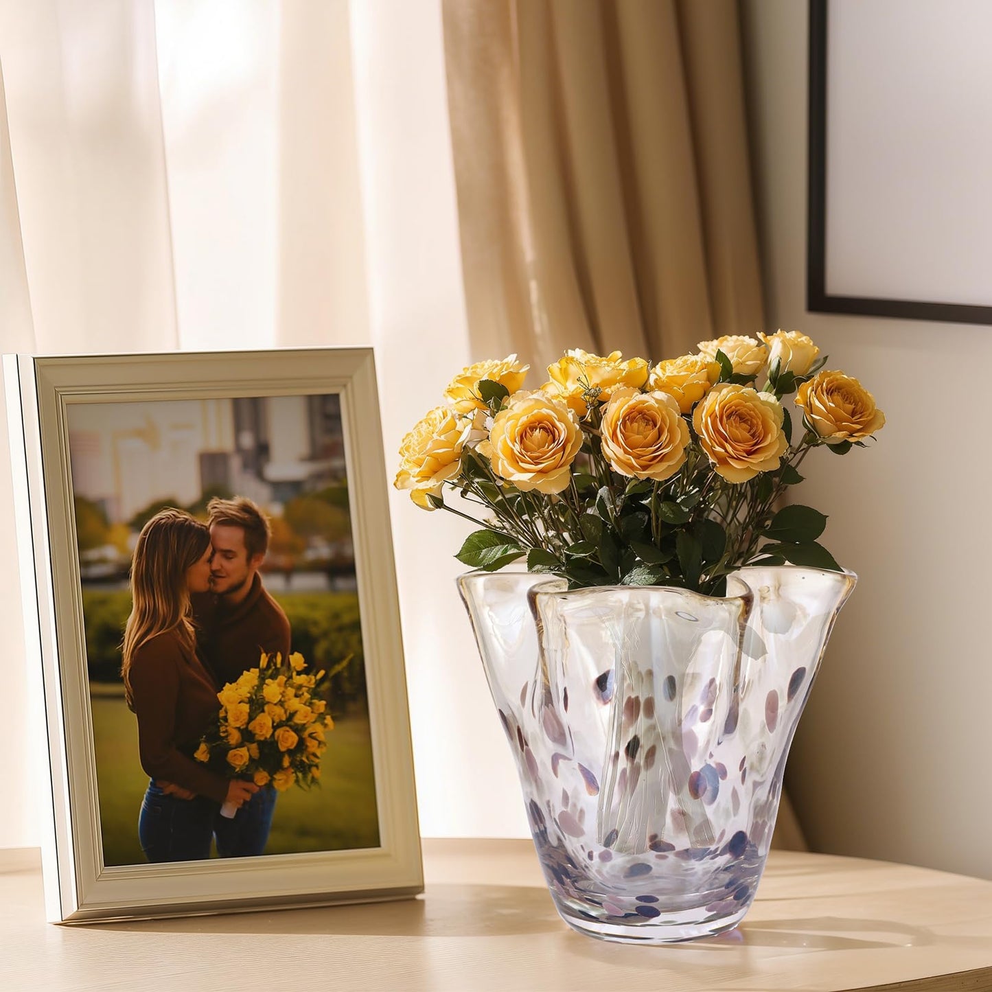 Hand Blown Amber Glass vase, Unique Brown Glass Wide Mouth vase for Console Office TV Stand Coffee Table entryway Entrance Desktop Living Room Table Centerpiece.