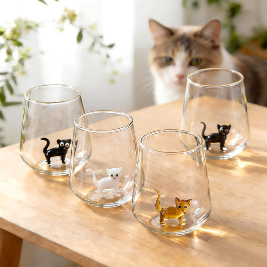 Yiyiring 4 Pcs Cat Figurine Glass Cup 3D Animal Cup Handmade Glassware for Unique Gift for Cat Lovers Gift Holiday Gifts Birthday Present Women Mum Her Wife or Boy Men