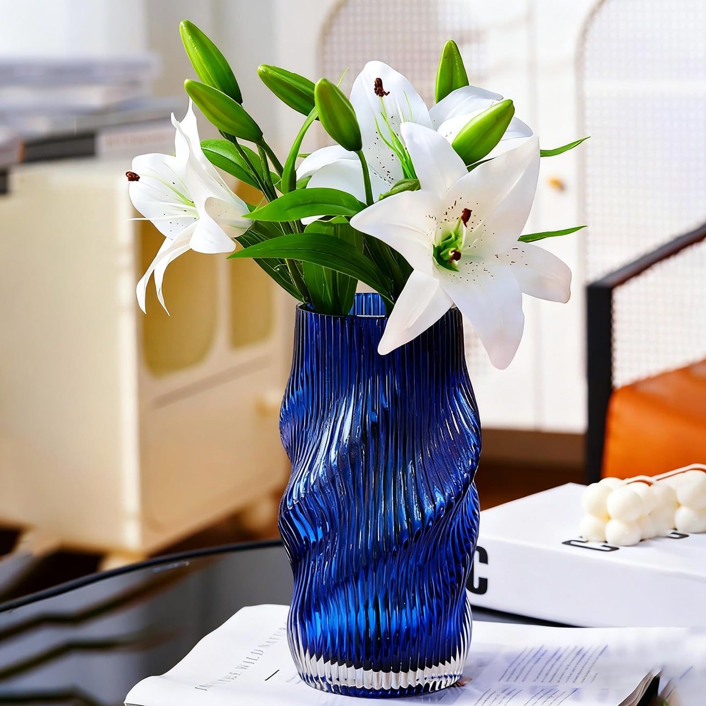 HELAIMAY Blue Ribbed Glass Flower Vase, Irregular Shaped Modern Minimalist Glass Vase, Flower Vase for Centerpieces and Home Decor, 8.6 Inches, 1 Piece