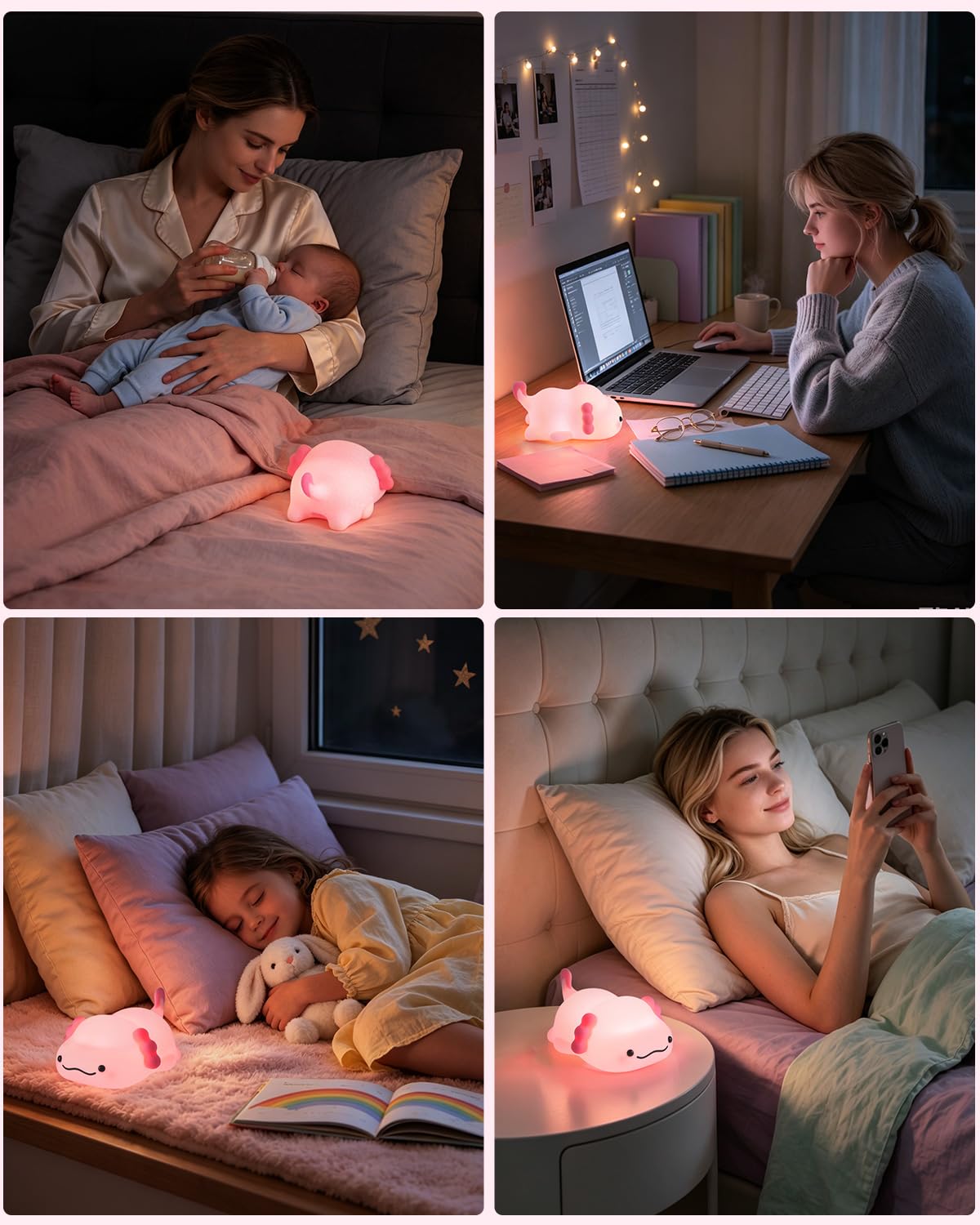 Fuloon Pink Axolotl Night Light, Squishy Silicone Kids Lamp, Safe & Soothing Touch Control for Kids and Babies, USB-C Rechargeable, 30-Min Auto Timer, Gift Idea (Pink Axolotl)
