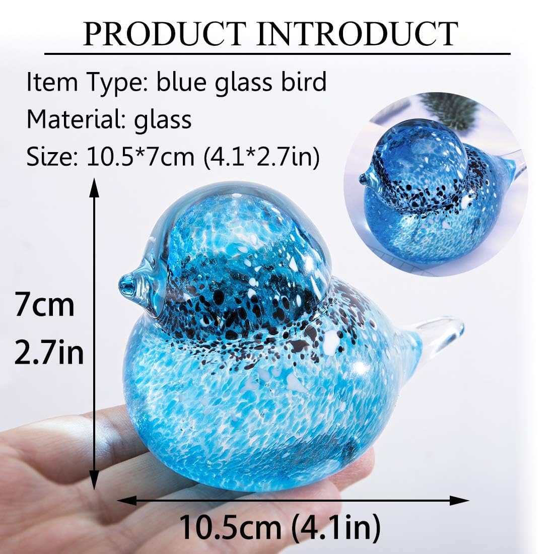 QFkris 4" Hand Blown Glass Blue Birds Figurine, Art Glass Animal Sculpture Status for Desk Table Home Office Decoration, Crystal Paperweight Gift for Bird Lover