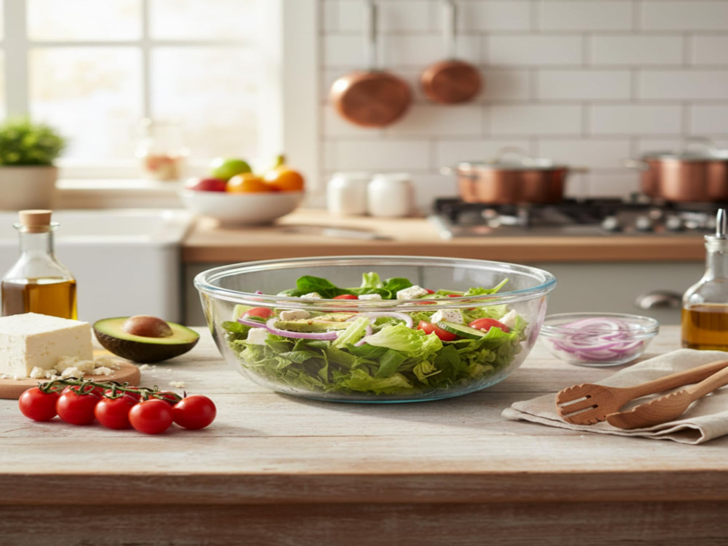 Jsshliom 12.3in Wide 6Qt Extra Large Glass Bowl,Glass Salad Bowl Mixing Bowl for Sourdough Bread Dough Making Marinating Meat,Serving Fruit Bowl on Kitchen Countertop for Party,Pasta Dish, Clear