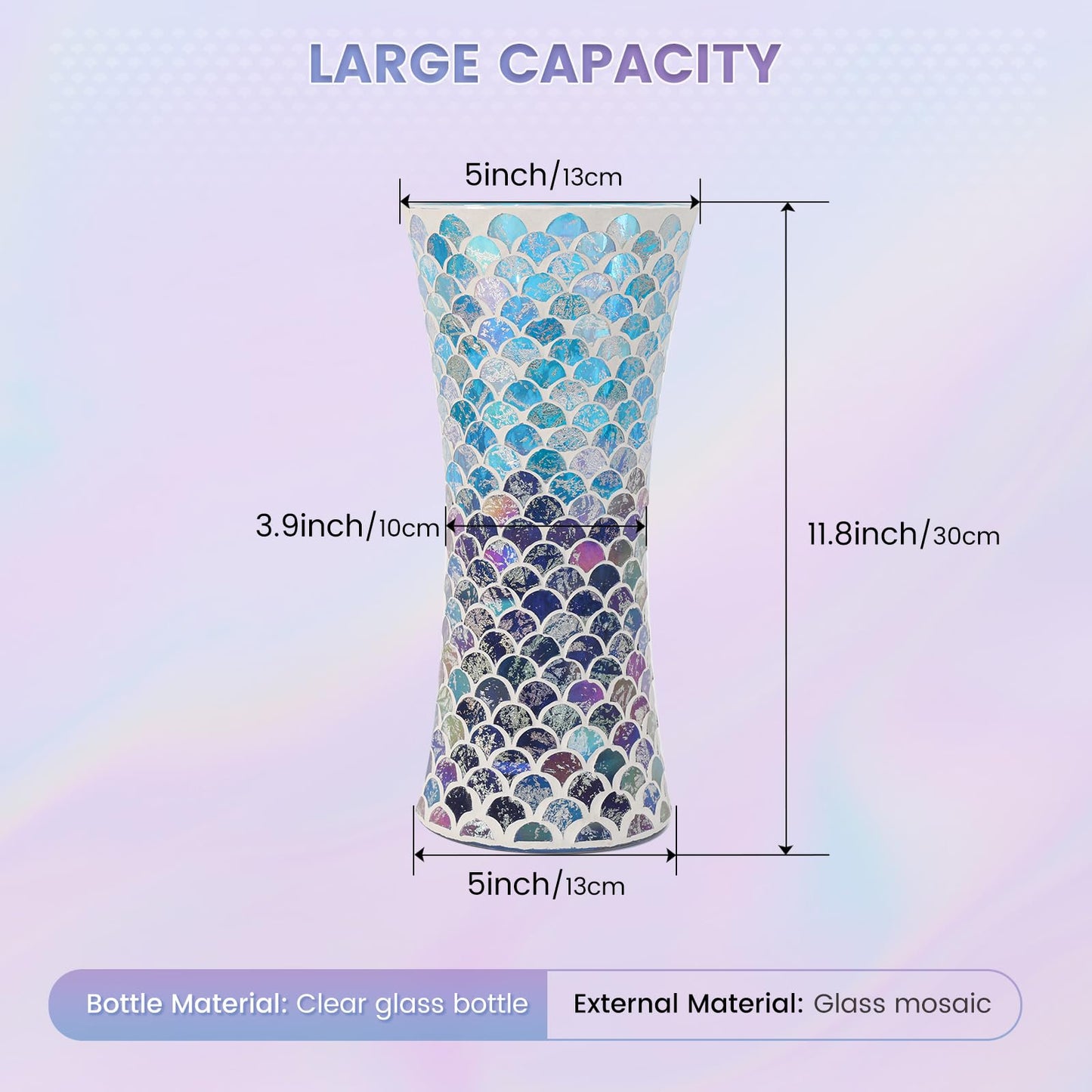 Adedeo Mosaic Glass Flower Vase for Home Decor, Large Handmade Glass Vases for Living Room, Kitchen, Wedding, Office (Fan Shape Golden Blue, 5 * 11.8 Inch)