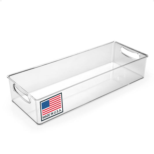 Pikanty Clear Refrigerator Organizer Bin with Handles — 15 Inch Stackable Fridge and Pantry Storage Container for Snacks, Produce, Cans, Yogurt, Condiments, Dishwasher and Freezer Safe, Made in USA