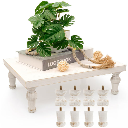 TOOLTENG Wooden Riser Decorative Tray, Farmhouse Wood Pedestal Stand, Rustic Whitewashed Tray Riser Display Stand, Coffee Bar, Dining Room, Centerpiece, Kitchen, Bathroom Table Decor (Washwhite)