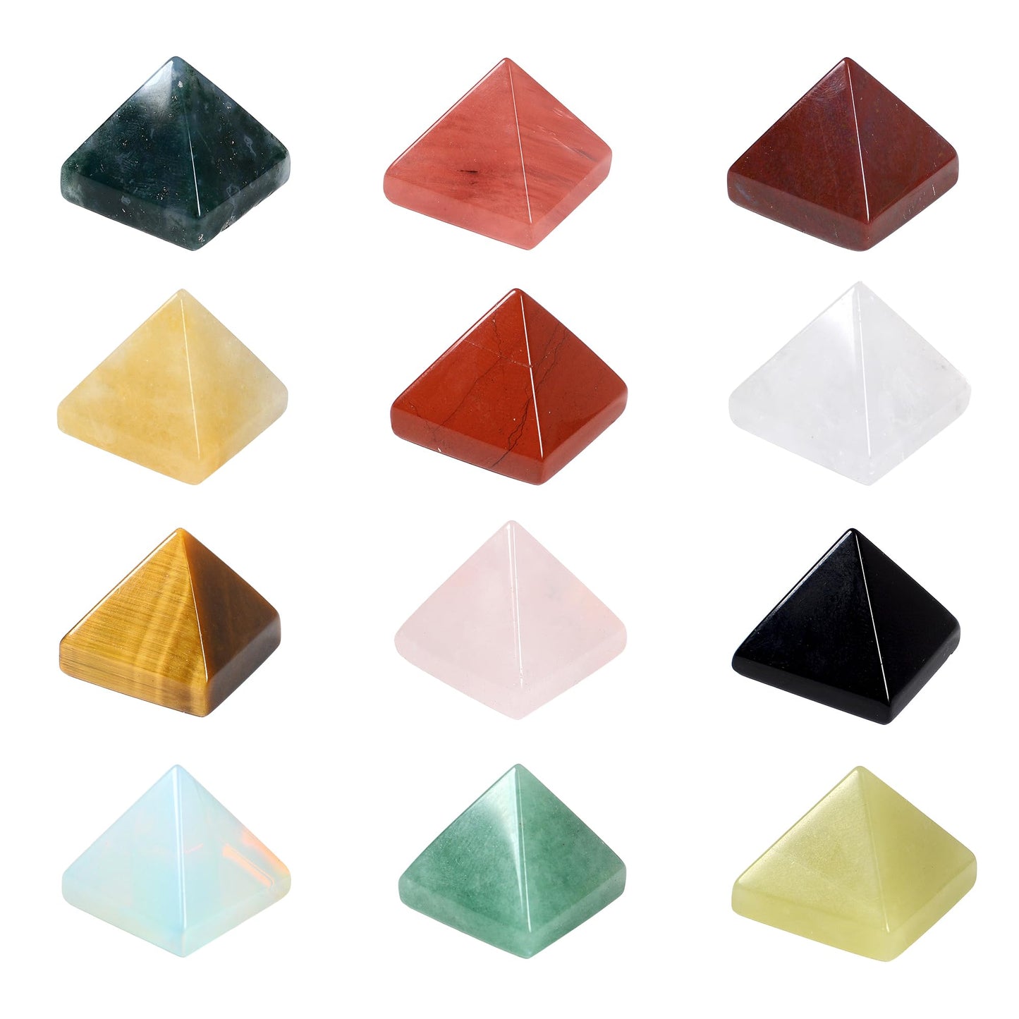 12 PCS Natural Chakra Crystal Pyramid Set – Opalite/Rose Quartz/Topaz/Obsidian Healing Crystals, Small Pyramids for Meditation, Energy Balancing, Reiki, Home Decoration