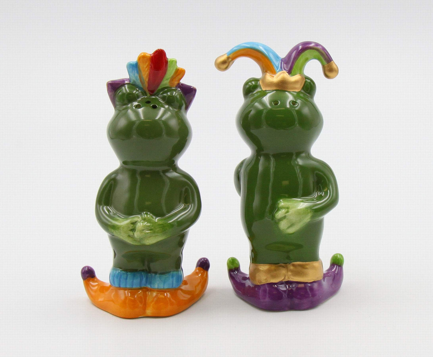 Fine Ceramic Mardi Gras Costume Frogs Couple Salt & Pepper Shakers Set, 4-7/8" H