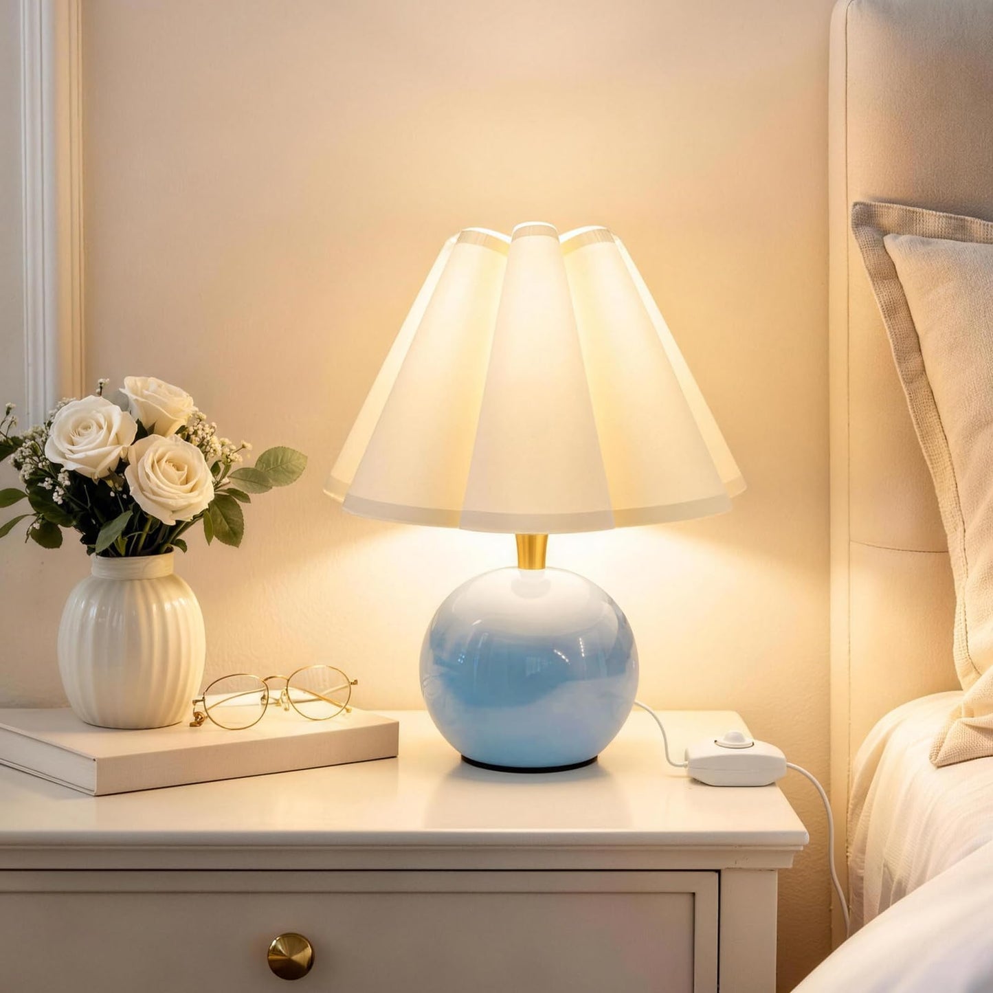 Komothala Small Bedside Table Lamp, Ceramic Stepless Dimmable Lamp with Scalloped Fabric Shade,Decorative Accent Light for Nightstand, Living Room, Console or Kids Dorm,Blue (E26 LED Bulb Included)