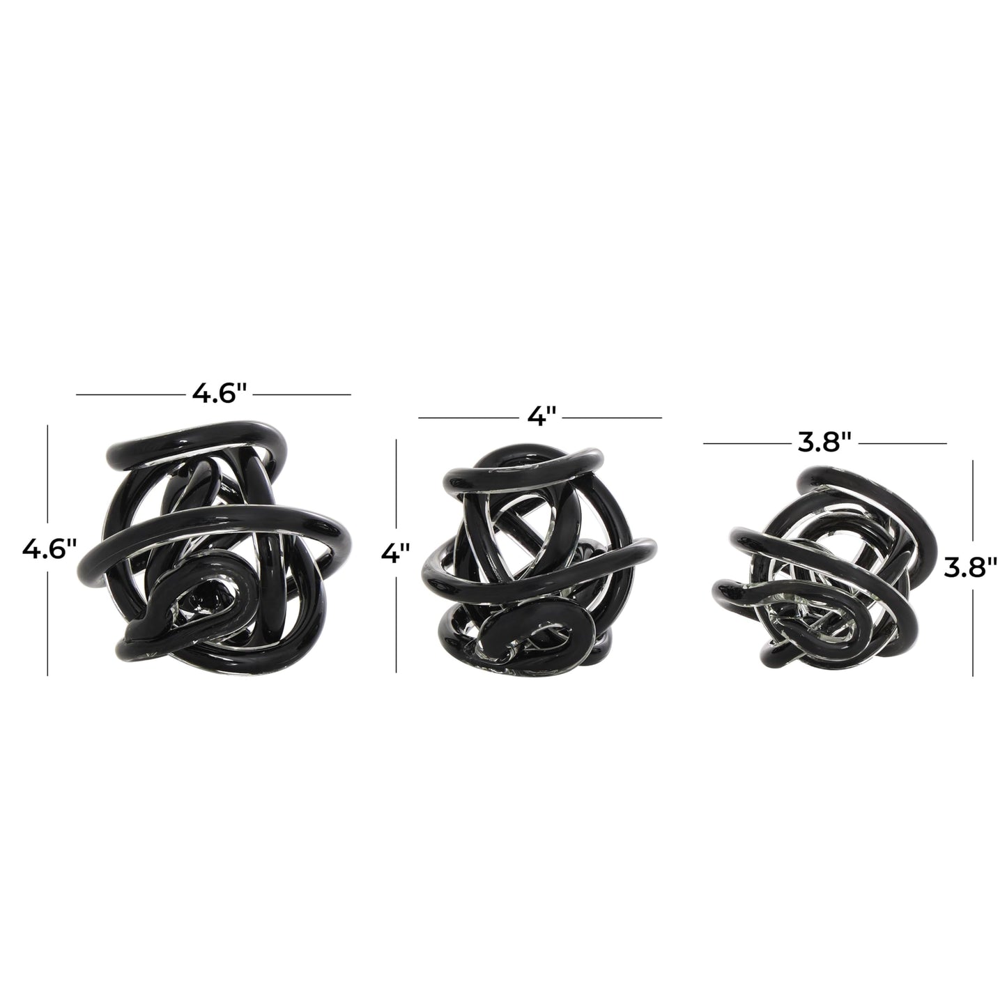 Deco 79 Glass Knot Decorative Sculpture Knotted Ball Home Decor Statues, Set of 3 Accent Figurines 5", 4", 4"W, Black