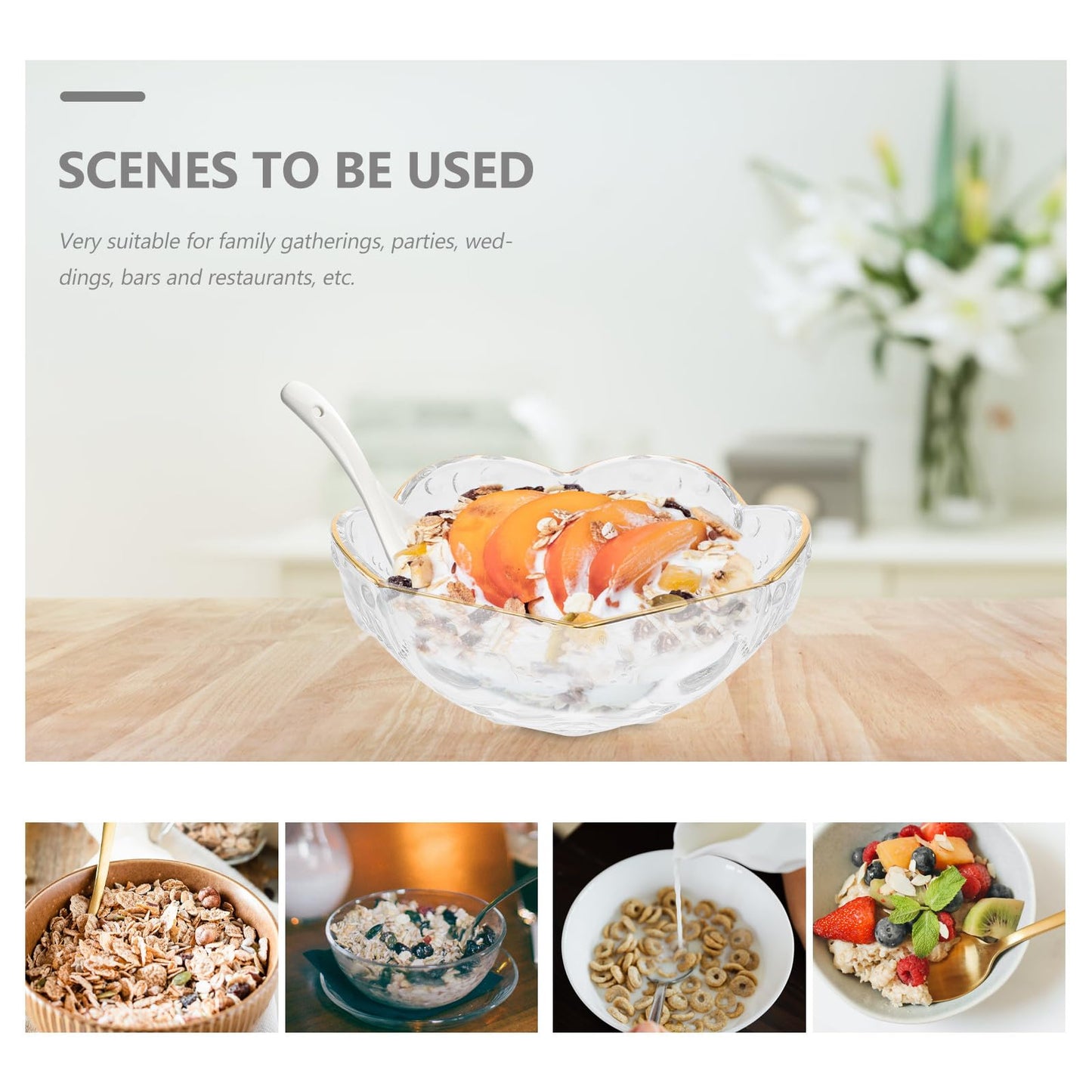 Toyvian Glass Salad Bowl with Gold Rim, 6inch Flower Shaped Decorative Serving Bowl for Dessert Fruit Popcorn and Snack Elegant Clear Glass Kitchen Tableware for Home Dining Parties