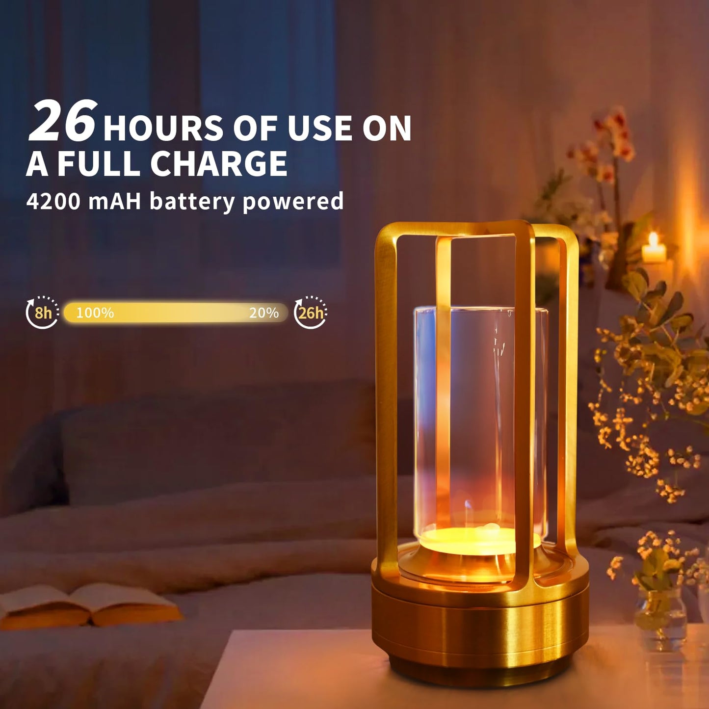 PIKAFOX Crystal Lantern lamp with Touch Dimming, Rechargeable LED Table Lamp, 3-Color Adjustable Brightness, 4200mAh Battery Powered Desk Light for Bedroom, Restaurant, Outdoor