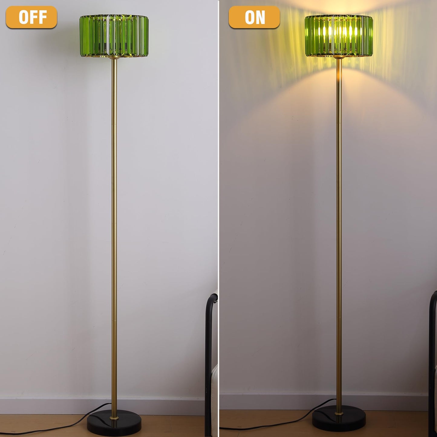Asmymhd Modern Crystal Floor Lamp, Gold Standing Light with Green Crystal Shade, Mid Century Pole Lamp for Living Room, Bedroom, Corner Office (Gold and Green)