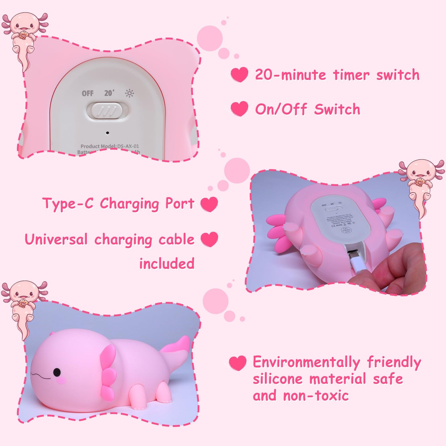 Ammonite Axolotl Gifts, Axolotl Night Light for Kids - Squishy Silicone LED Touch Cute Lamp, Xmas Birthday, Kawaii Bedroom Decor Nursery Lamp for Boys Girls Mom