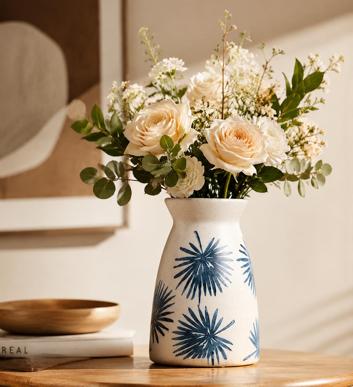 hjn Teal Ceramic Vase Modern Minimalist Table Centerpiece, Round Smooth Flower Holder for Living Room, Shelf, Mantel, Wedding & Home Decor -Cream-7" H