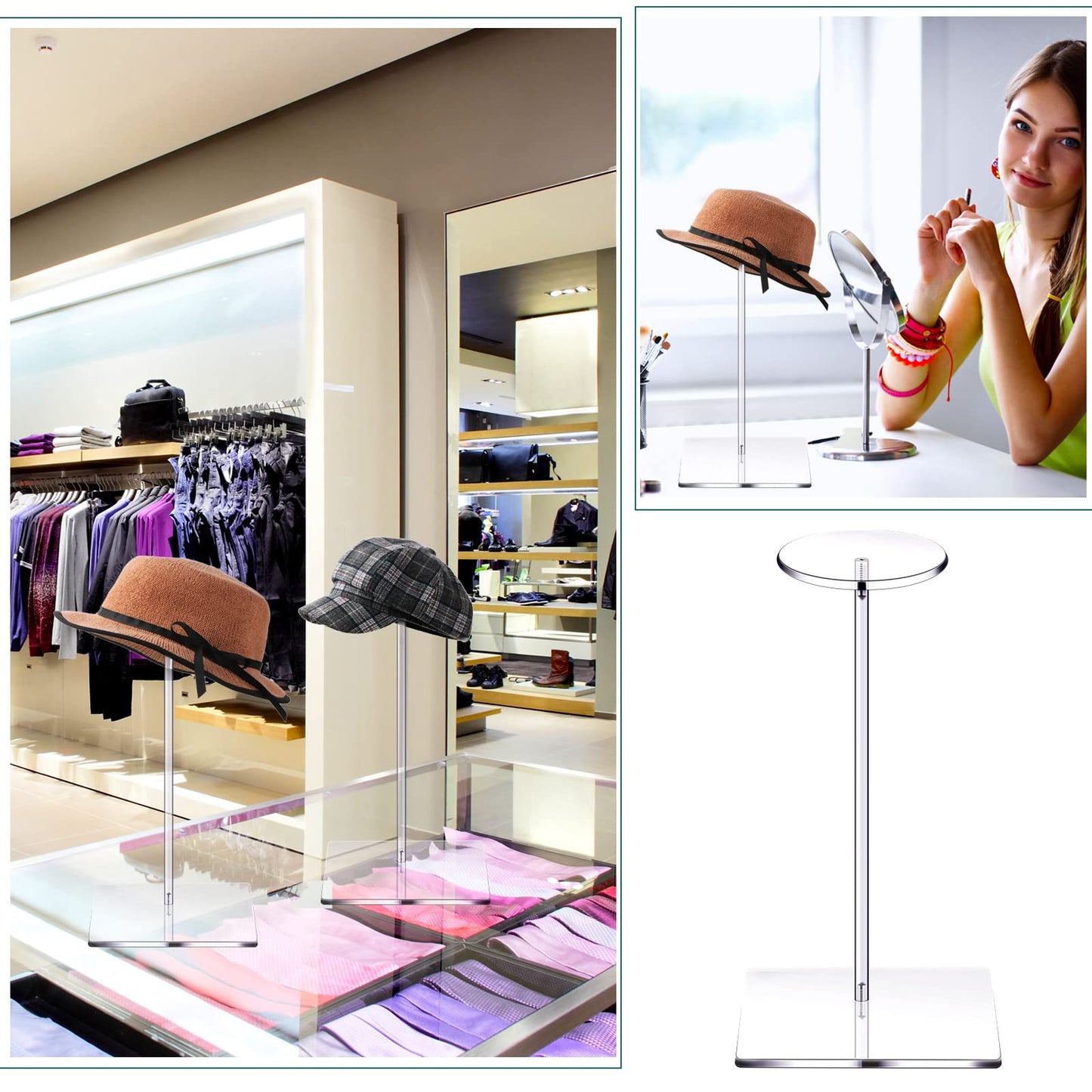 Chunful 4 Sets Acrylic Hat Stand Wig Display Rack Clear Pedestal Stand Baseball Hat Rack Square Round Acrylic Risers for Tabletop Display Watch Jewelry(12 Inch)