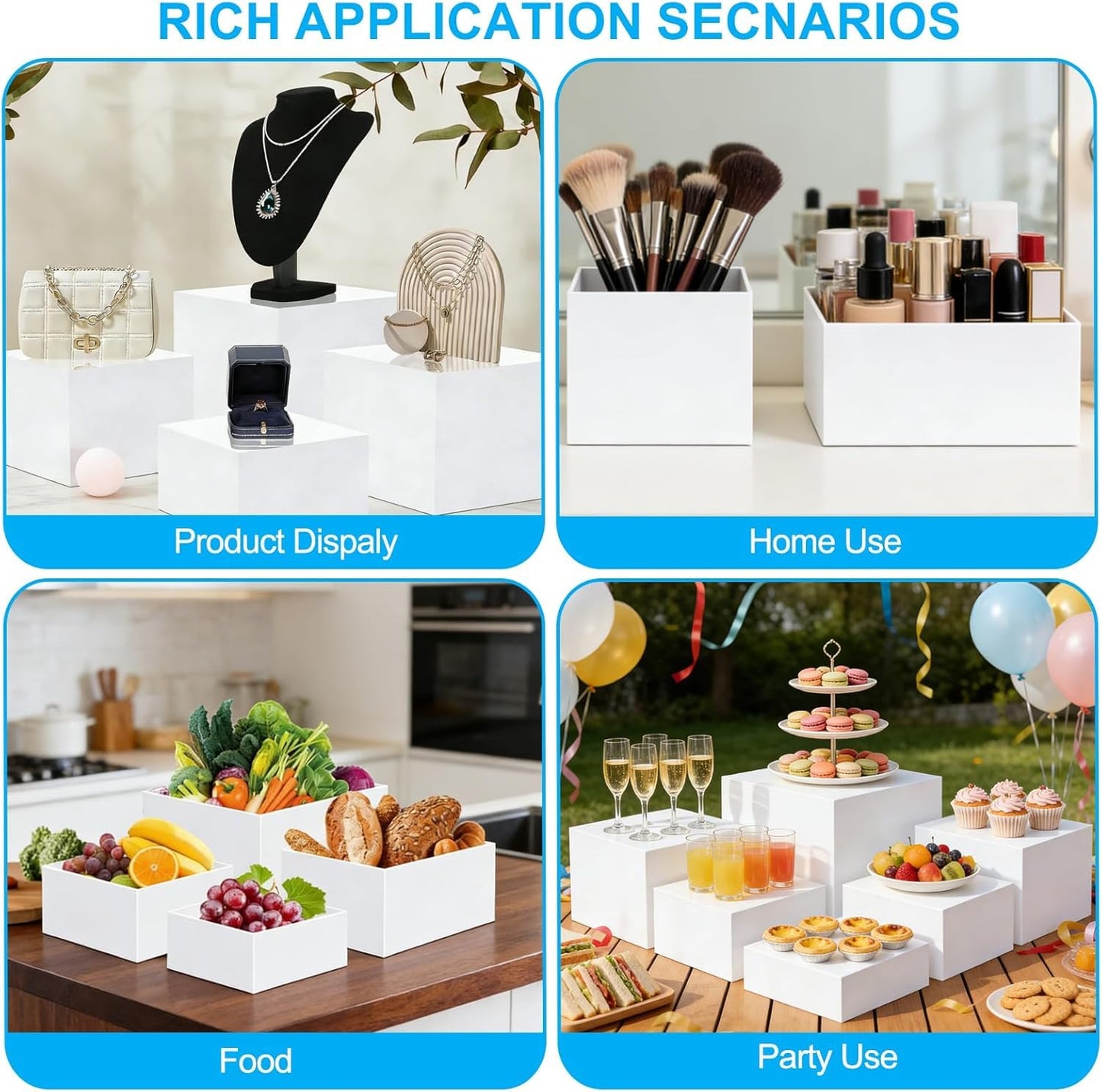 6 Pcs Acrylic Buffet Risers, 3x4x5x6x7x8 Inch Food Risers for Buffet Table, Catering Dessert Cake Holder for Party, Collectibles Jewelry Display Shelf, Stackable Cube Boxes Display with Hollow Bottoms