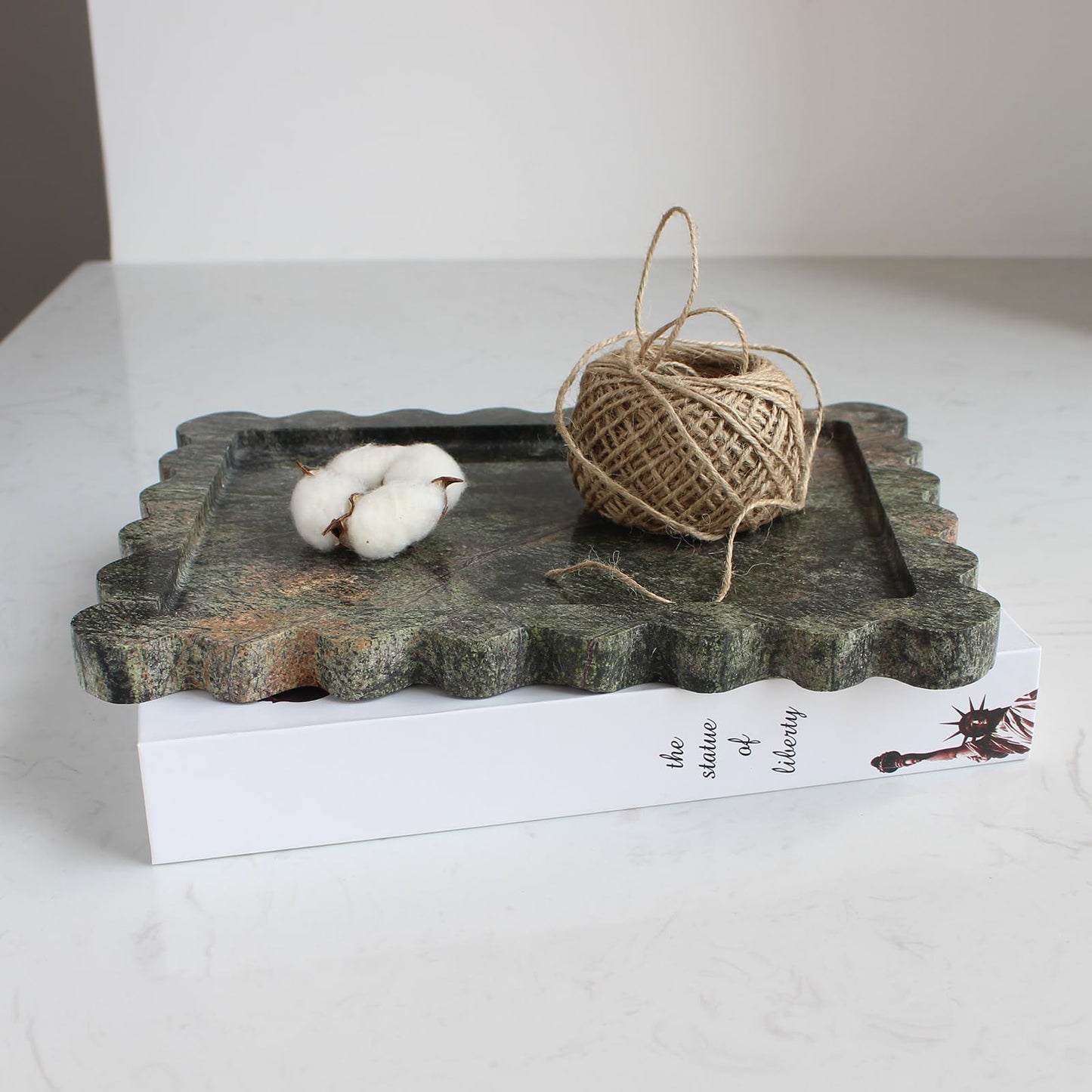 Natural Luxury Scalloped Marble Tray 10.8"x8", Rectangle Vanity Tray for Bathroom Kitchen Counter, Decorative Tray for Dresser Home Decor - Rainforest Green