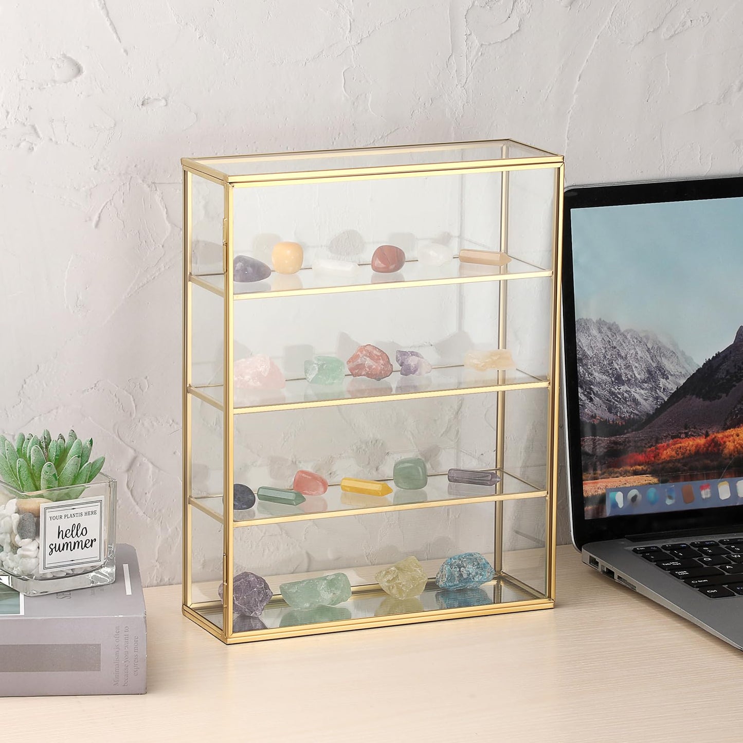 JUXYES 4 Tiers Tabletop Brass Glass Rock Display Case with Latch Door, Modern Clear Rocks Display Case Box with Mirror Bottom, Gold Dust Proof Case for Collectible, Mineral Crystal, Stones
