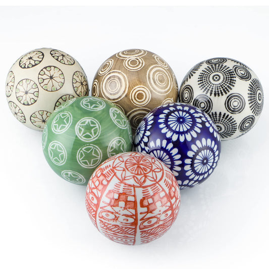Sanbege Decorative Porcelain Balls, 3" Centerpiece Balls Set, Floating Ceramic Orbs Spheres for Bowl, Vase, Basket, Dish, Fish Tank, Home Decor, Pack of 6 (Assorted Geometric)