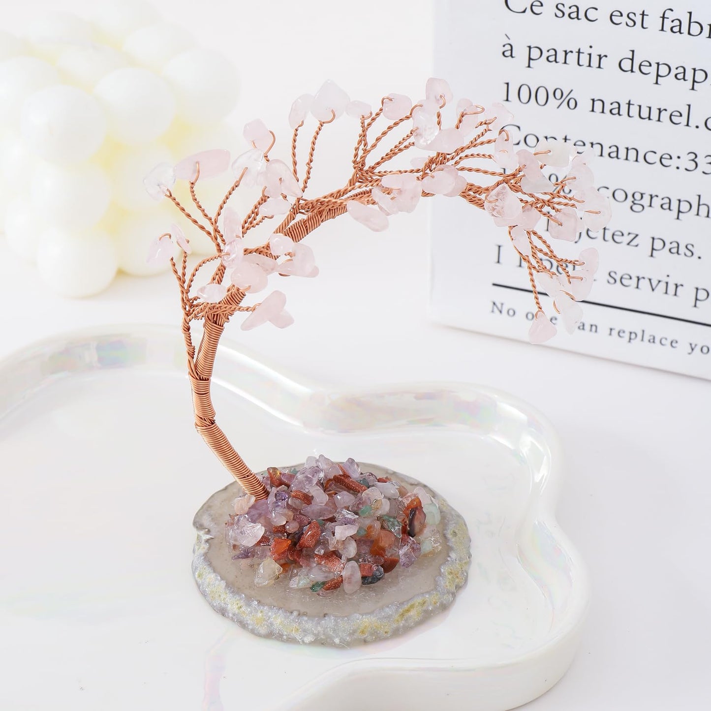 Natural Rose Quartz Healing Crystal Money Tree Handmade Wire Wrapped on Natural Agate Slice Base Gemstone Yoga Feng Shui Trees Home Decor for Mom Mothers Day