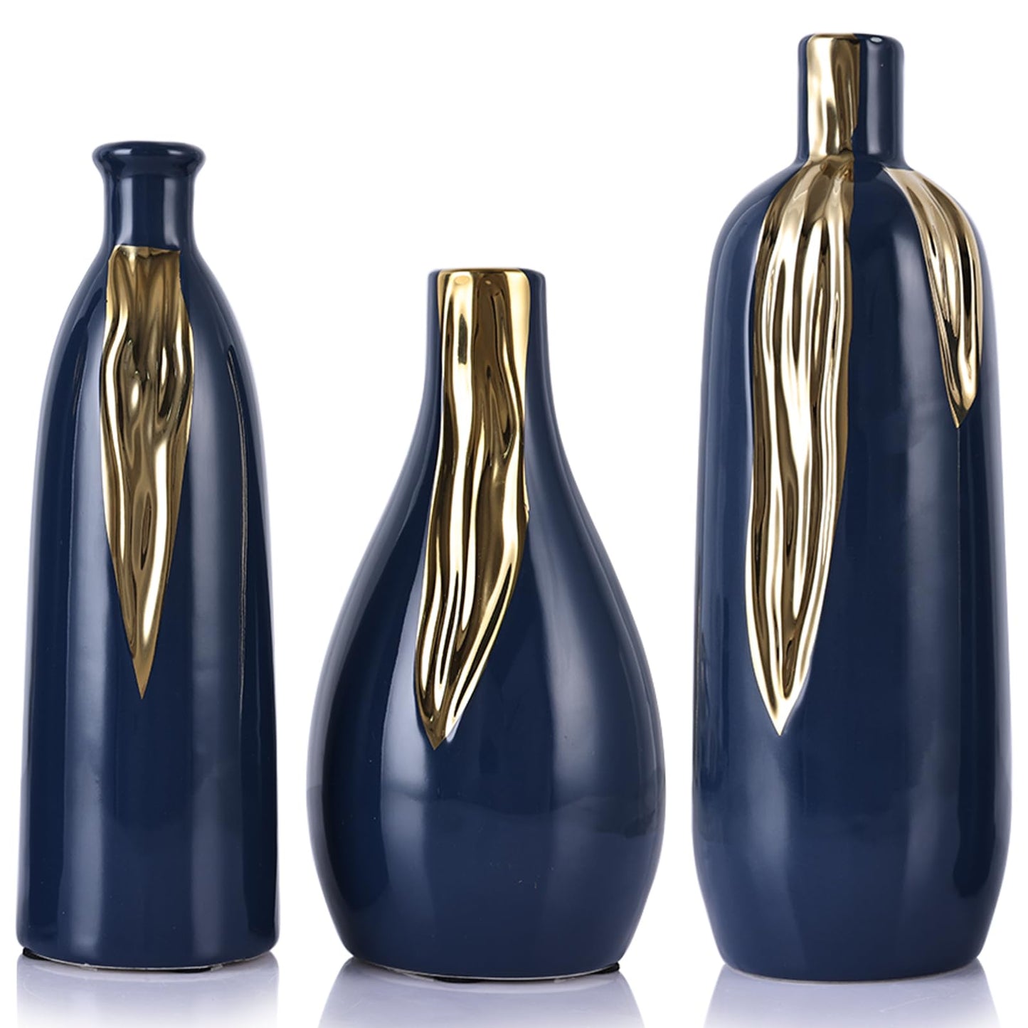 Blue and Gold Ceramic Vase Set of 3, Ceramic Vase Set for Decorative, Blue and Gold Single Stem Vases for Centerpieces Nightstand Kitchen, Boho Farmhouse Home Decoration