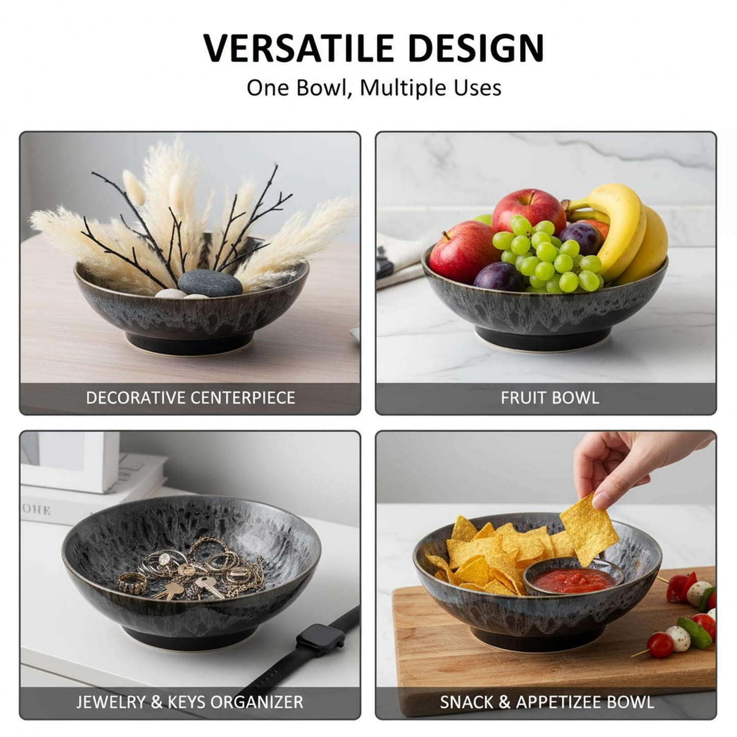 Ronanemon Ceramic Fruit Bowl,10.2" Decorative Bowl, Large Fruit Bowl for Kitchen Counter, Pedestal Bowl, Kitchen Counter Décor, Bread Candy Snacks Organizer(Black Gray)