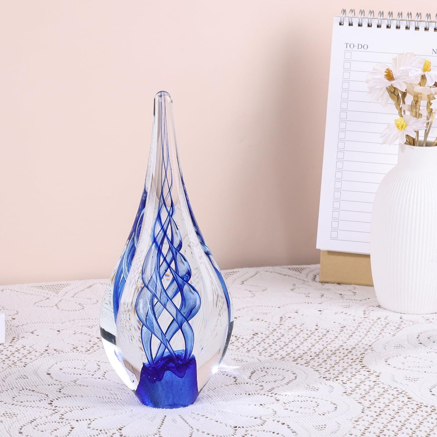 9" Tall Sculpture Hand Blown Glass Decor, Paperweight for Office Desk, Modern Glass Art Figurines Mediterranean Beach House Decor, Living Room Coffee Shelves Table Top Decoration (Swirl Blue)