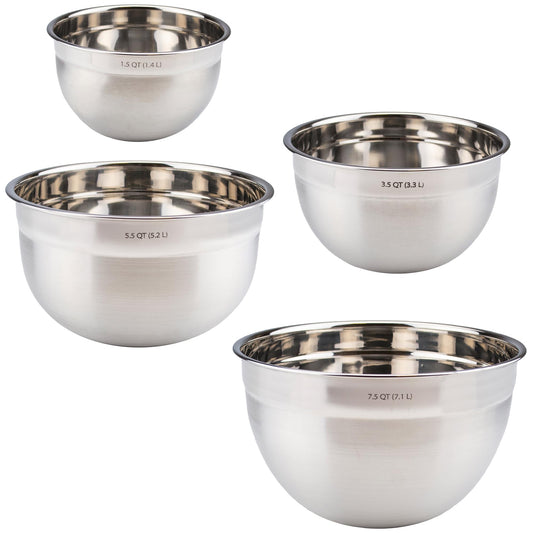 Tovolo Stainless Steel Mixing Bowls Set of 4 Small Medium Large XL Metal Bowl Set for Cooking Baking Prep, Dishwasher Safe Nesting Mixing Bowls Set, Freezer Storage and Mixer Safe Heavy Duty Bowls