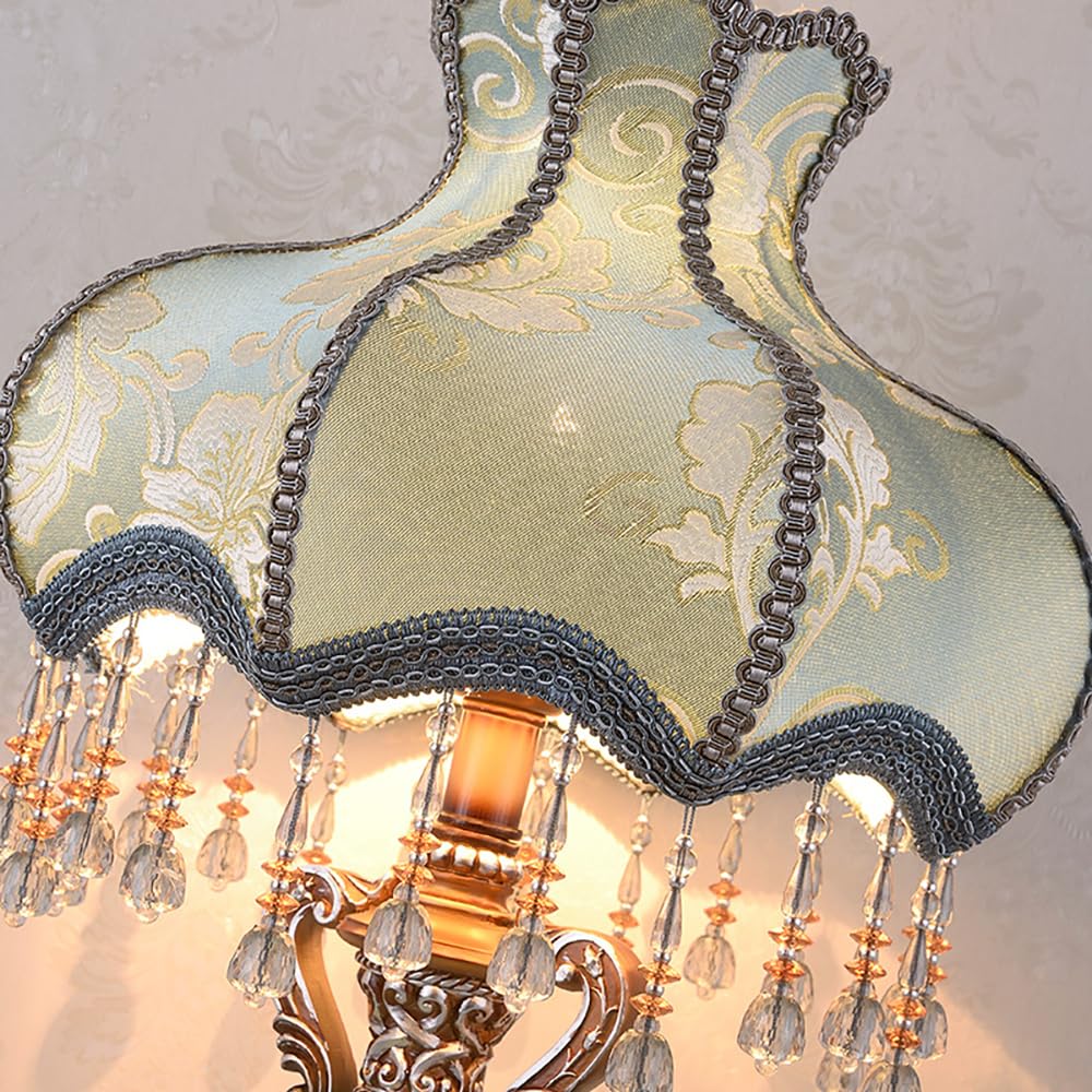 Aeyee Lovely Table Lamp with Fabric Lampshade, Antique Flower Decorative Bedside Desk Lamp, Crystal Night Light for Bedroom Nightstand, Blue Finish