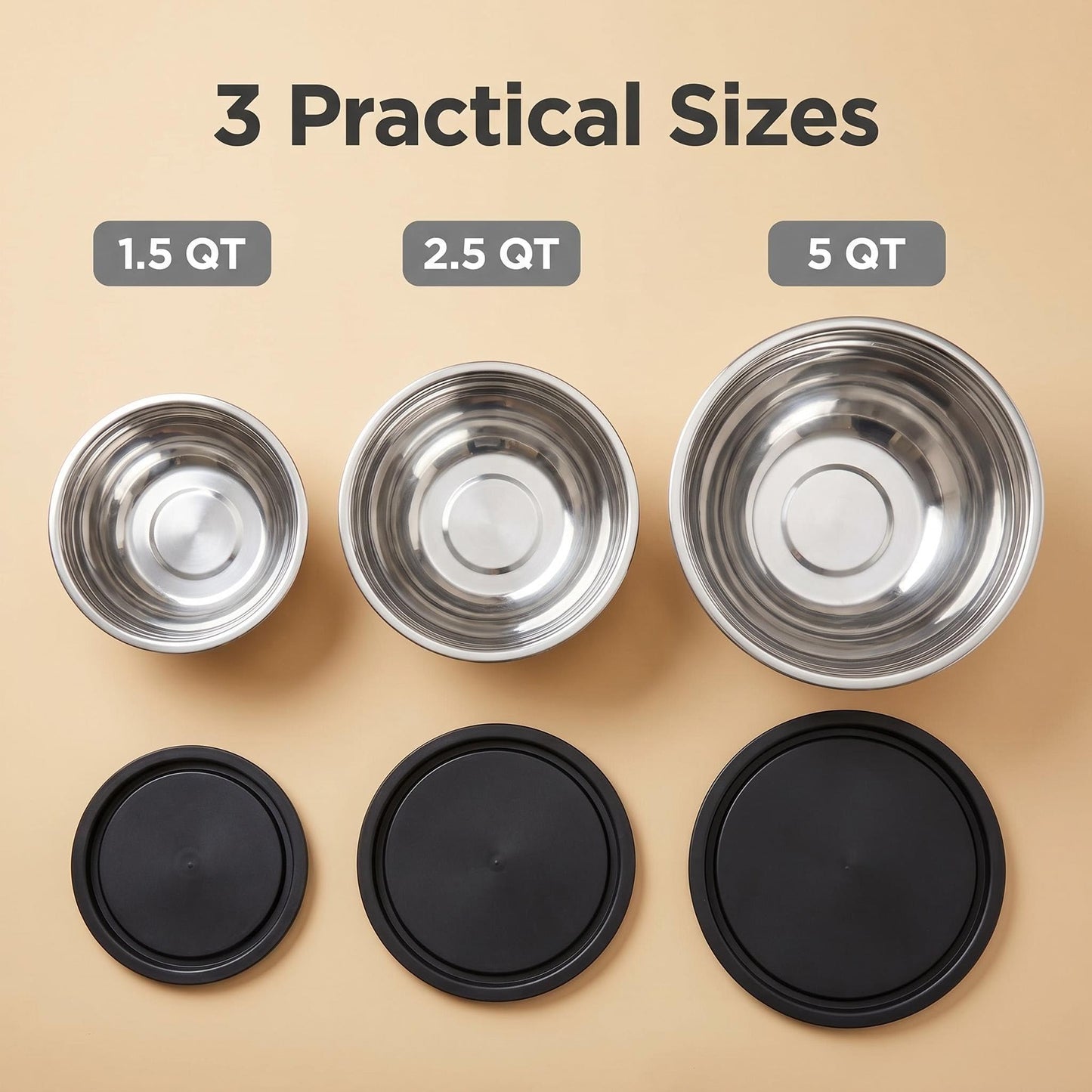 XAUZIX Mixing Bowls with Lids Set of 3, Stainless Steel Nesting Bowls with BPA-Free TPE Lids, 1.5/2.5/5 QT Kitchen Bowls for Baking, Salad Prep, Meal Prep, Mixing and Storage