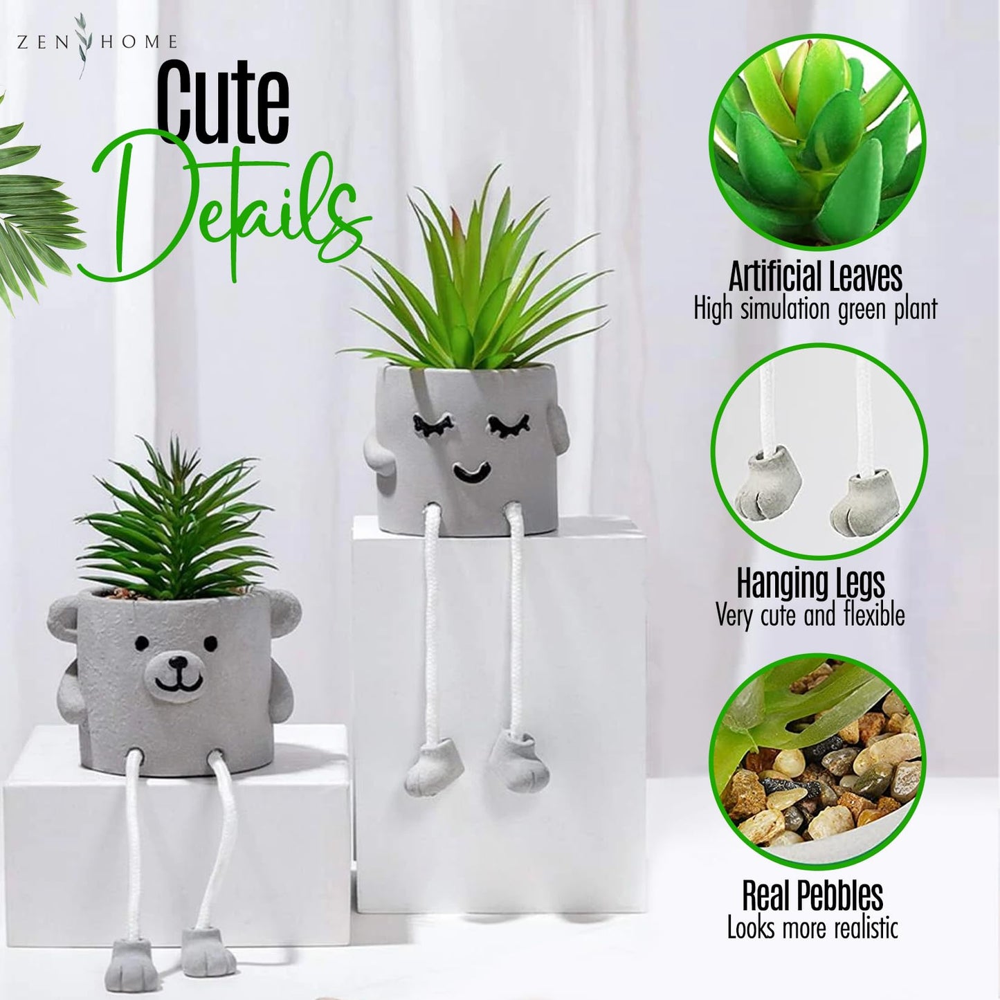 Zen Home Small Fake Plants for Shelf - Mini Succulent Artificial Decor - Desk Plants for Office - Faux Plant - Cute Home Decor (Shy Grandpa)