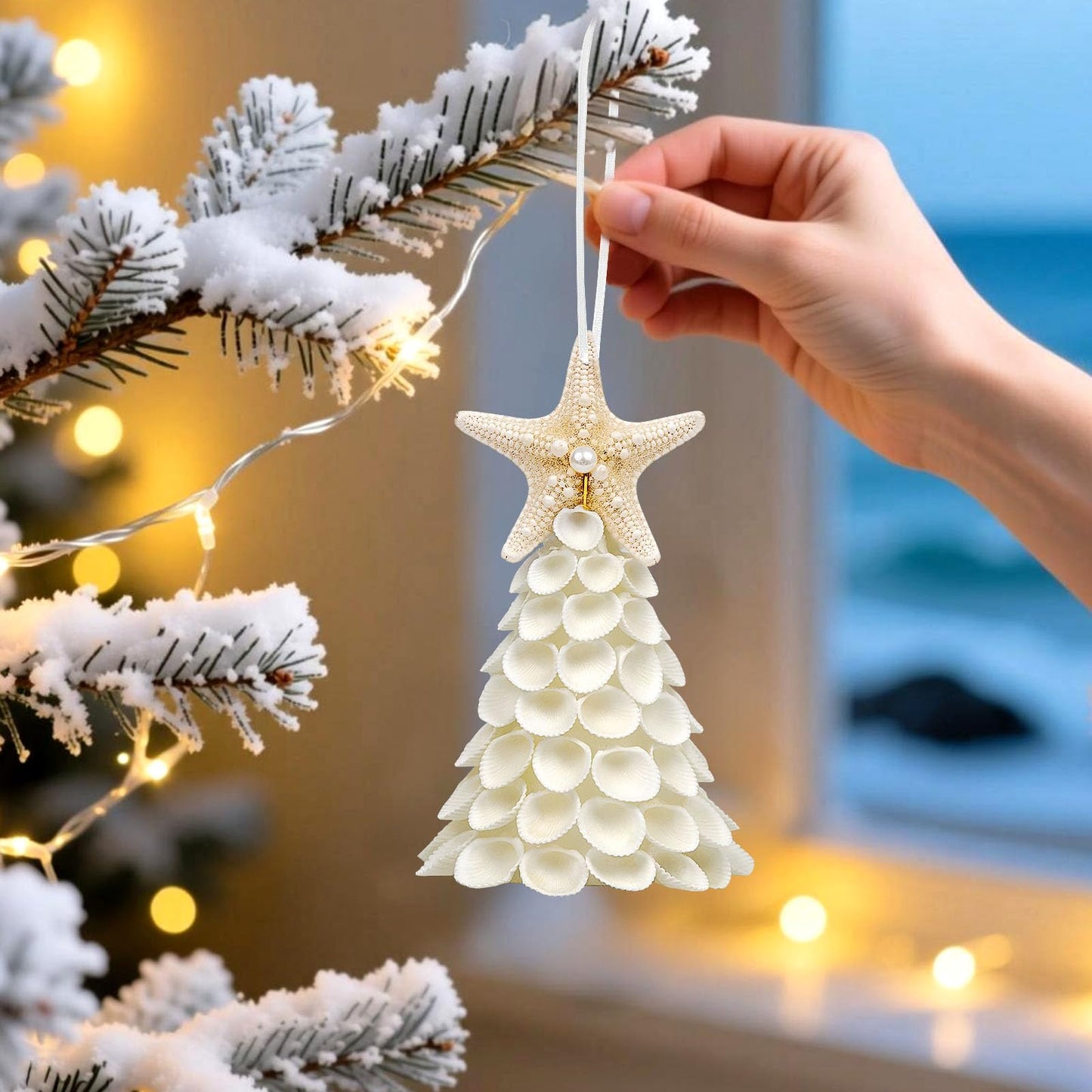 Small Seashells Christmas Tree Ornament - Handmade Natural White Sea Shells Ornament, Beach Christmas Tree for Beach Coastal Home Xmas Decor, Party Birthday Gift, Small Figurines Christmas Tree