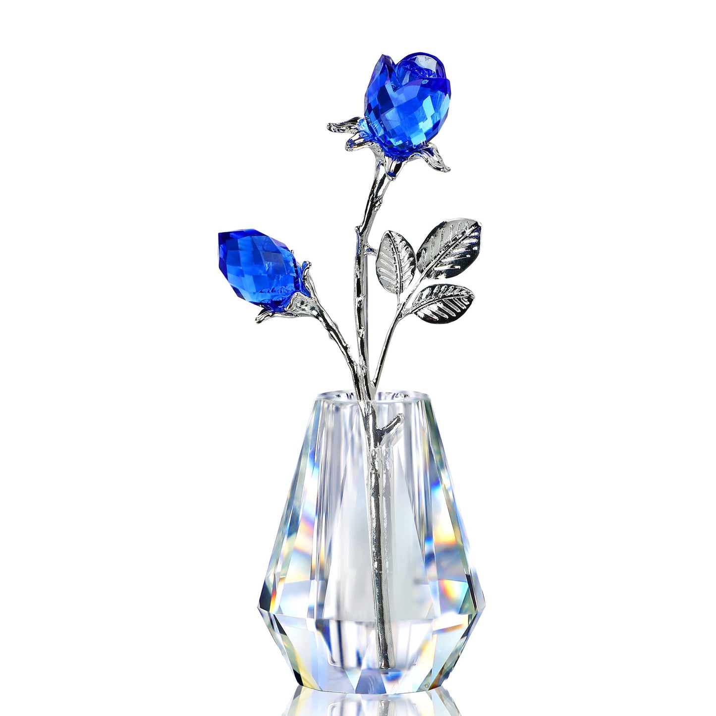 H&D HYALINE & DORA Blue Crystals Roses with Sliver Metal Stem Glass Figurine Ornament Wedding Gifts for Woman Home Party Decorations