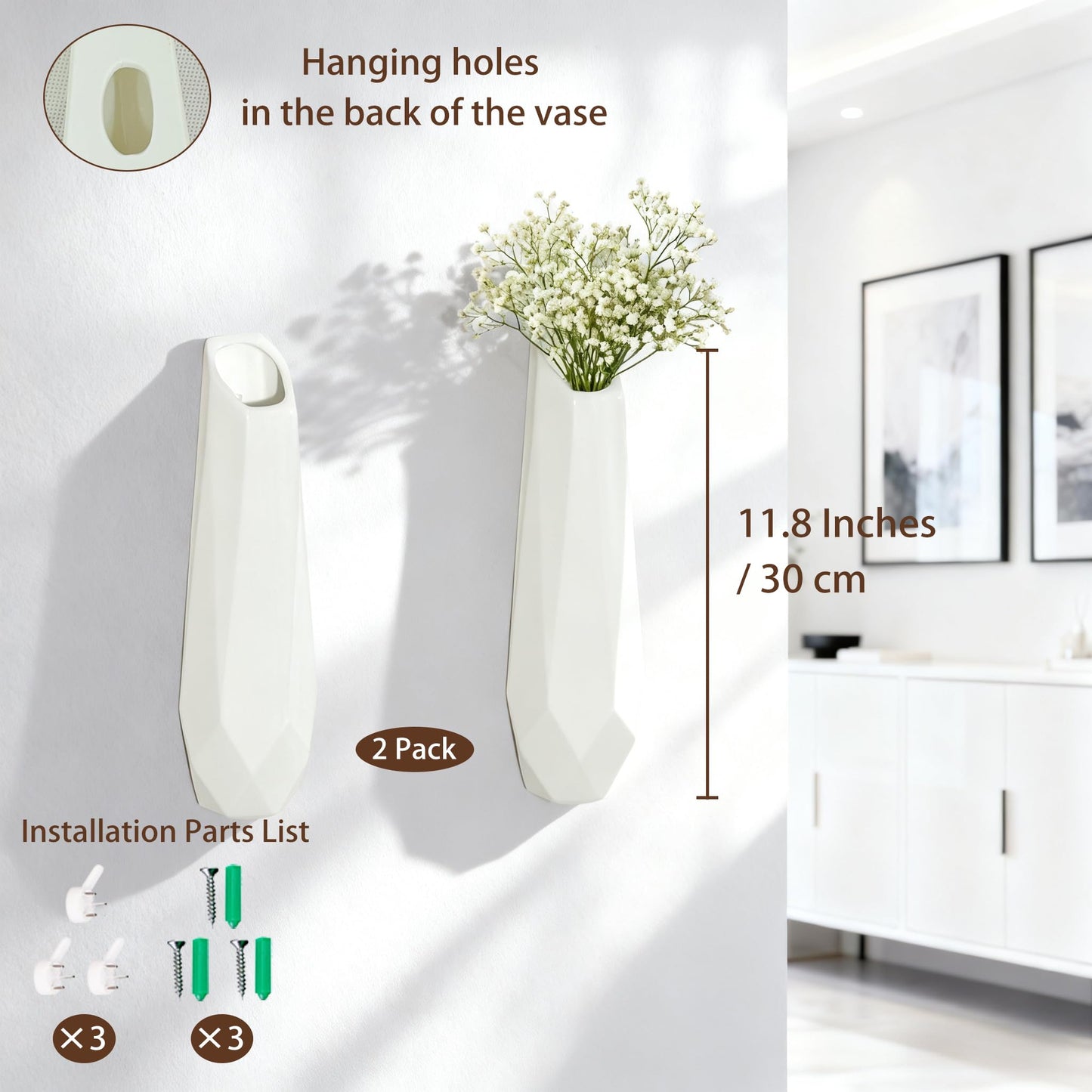 DOCFLVAS Classic Ivory Wall Ceramic Vase — 2 Pack White Hanging Vases | Timeless Ceramic Wall-Mounted Vase for Home & Gift