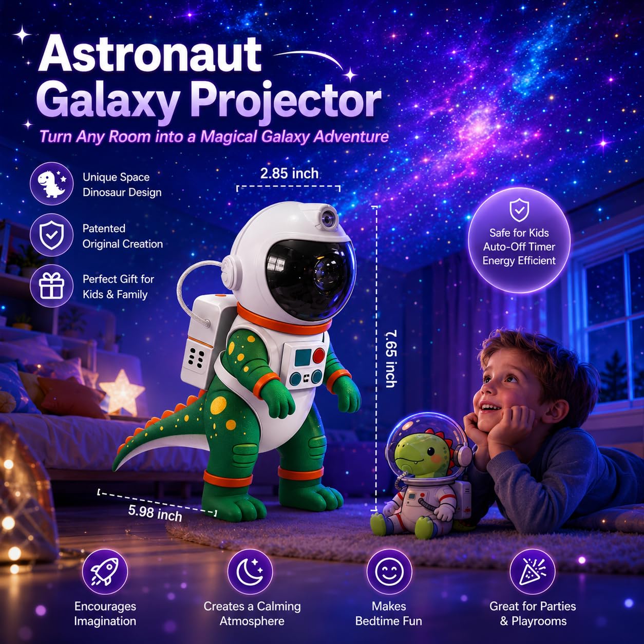 Galaxy Star Projection Night Light, Dinosaur Astronaut Space Projector with Timer, Remote Control, 8 Lighting Modes, Green Nebula Effects for Kids Room Ceiling Decor(Green)