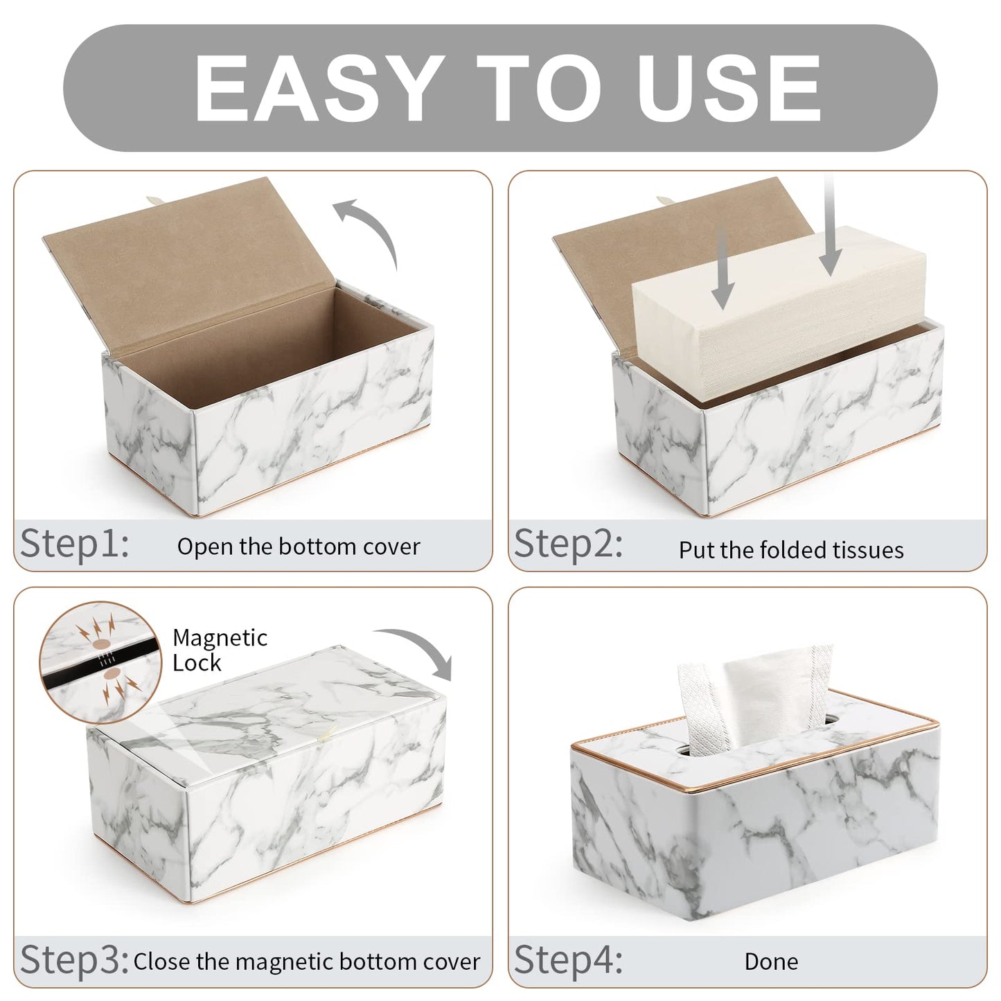 Tissue Box Cover, PU Leather Tissue Box Holder Rectangular Tissue Holders for Home/Office/Car Decoration 9.84"X5.23"X3.77" - Phnom Penh Marble