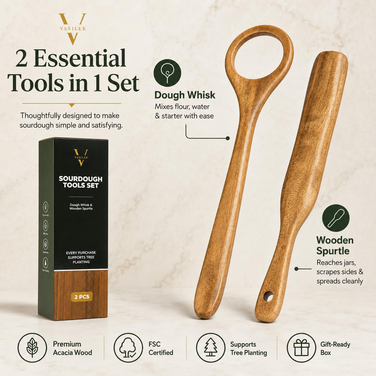 Wooden Dough Whisk & Spurtle Set, 2 Pcs Acacia Wood Sourdough Mixing Tools, Danish Dough Whisk Alternative, Nonstick Safe Stirring Stick for Bread, Batter, Sauce & Jar Mixing, 13 Inch