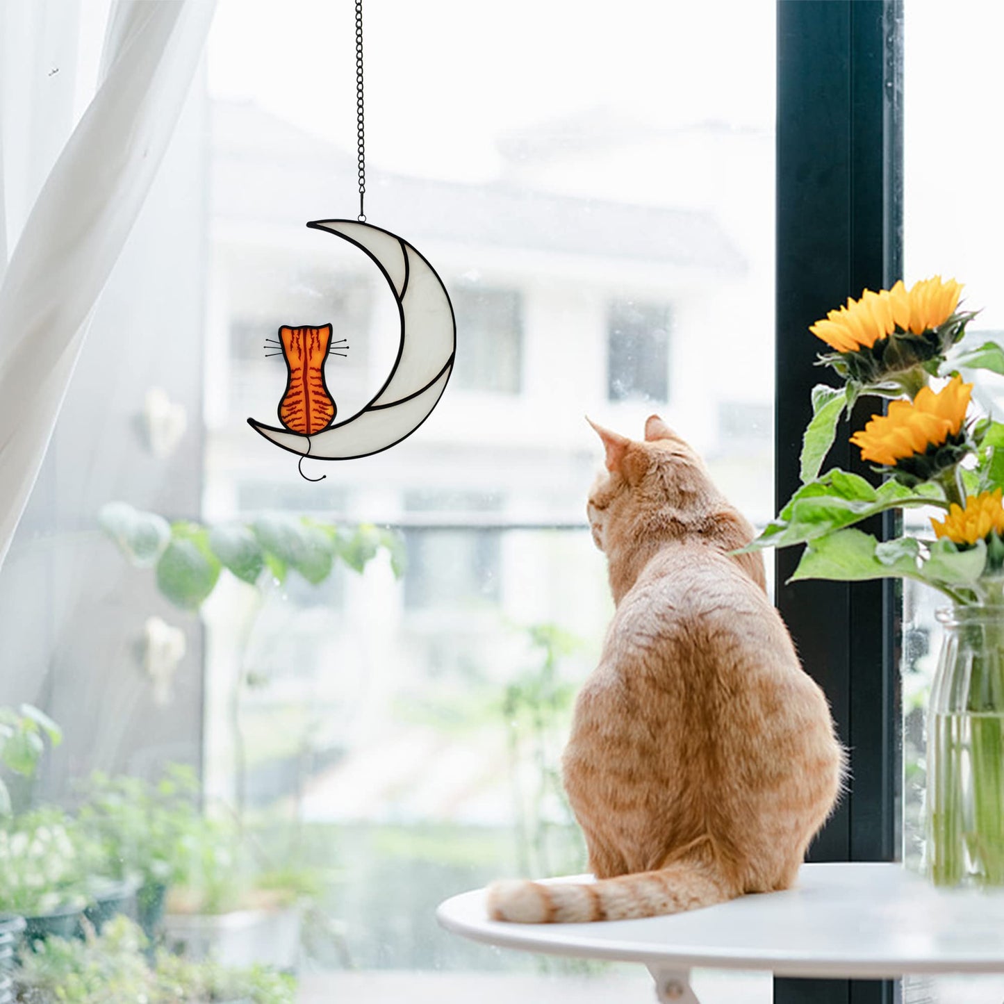 HAOSUM Stained Glass Orange Tabby Cat Decor, Handmade Cats on Moon Window Hanging Suncatcher – Perfect Cat Lover Gift for Living Room, Bedroom, Windows Decoration