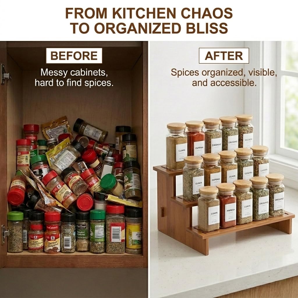 Pinkrin Bamboo Spice Rack Organizer for Cabinet, 3 Tier Wooden Tiered Spice Shelf for Countertop, Standing Kitchen Seasoning & Spice Jar Racks for Pantry, Inside Cabinets & Cupboard